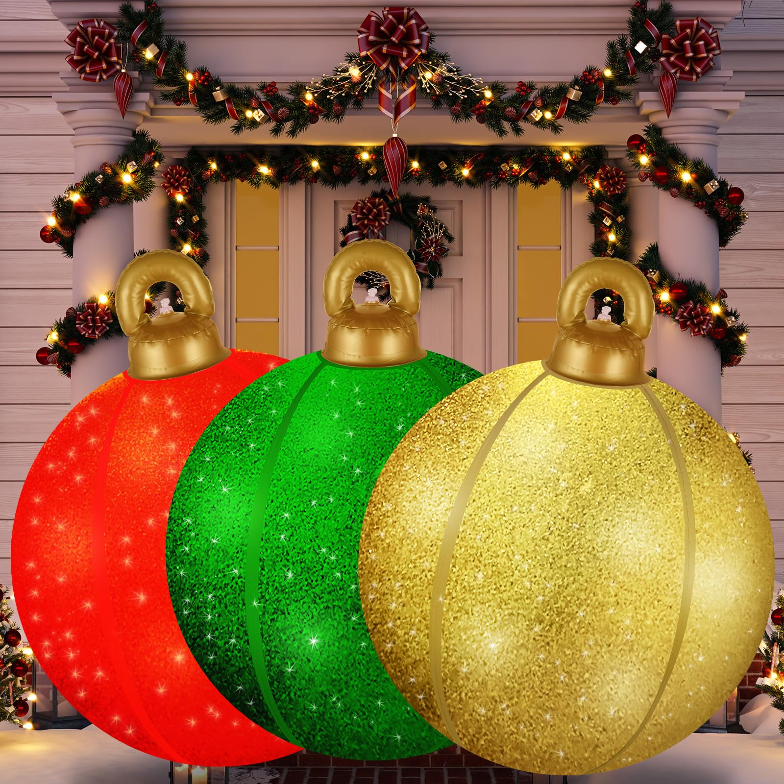 24 Inch Inflatable Christmas Ornament Balls, 3 Pack Large Glitter Blow Up Decorations - Sparkling Reusable Outdoor & Indoor Holi