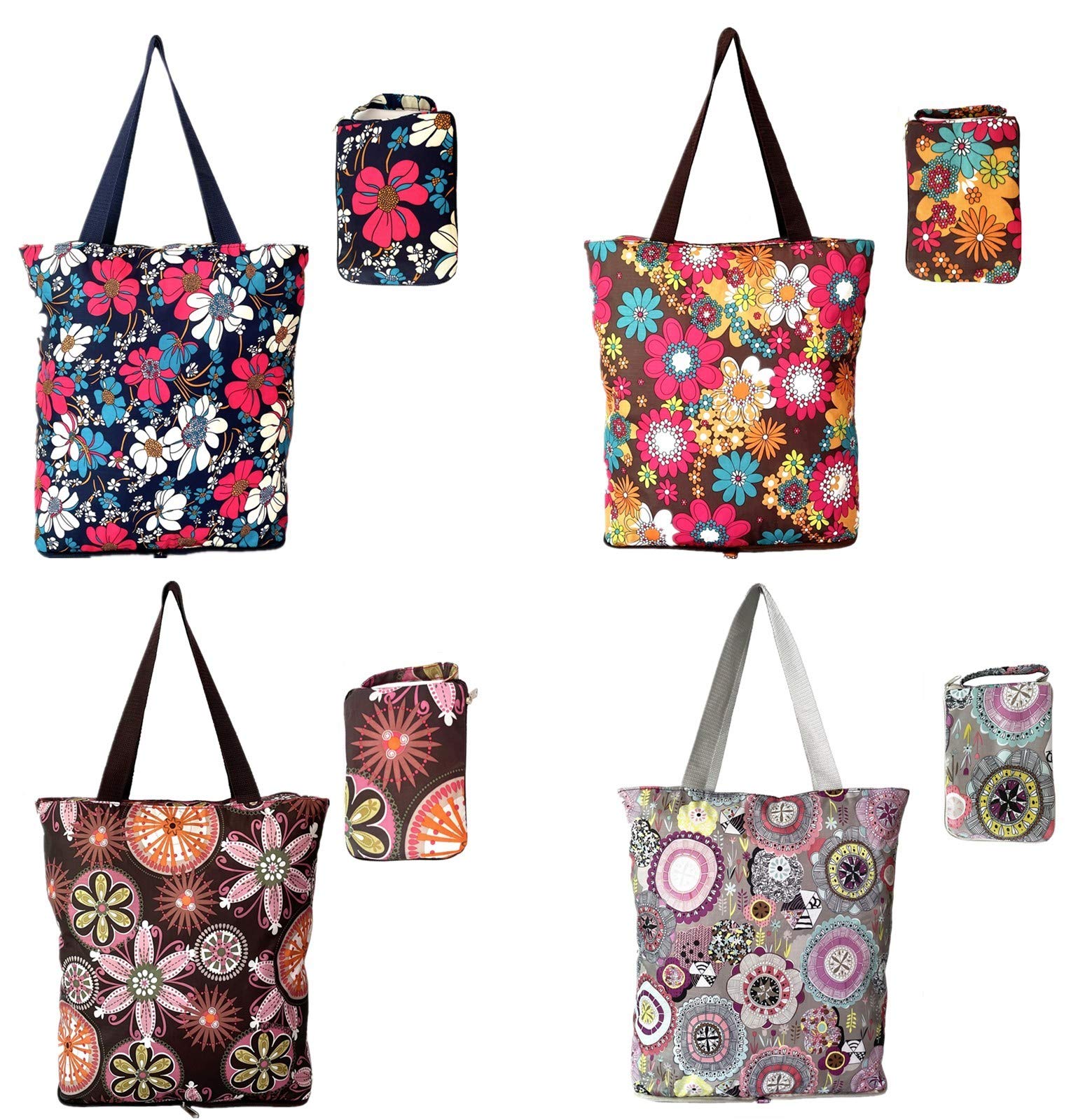 Nc 4 Pack Foldable Kitchen Reusable Grocery Bags Floral Designs With Zipper Folding Shopping Tote Bags Lightweight Durable Large