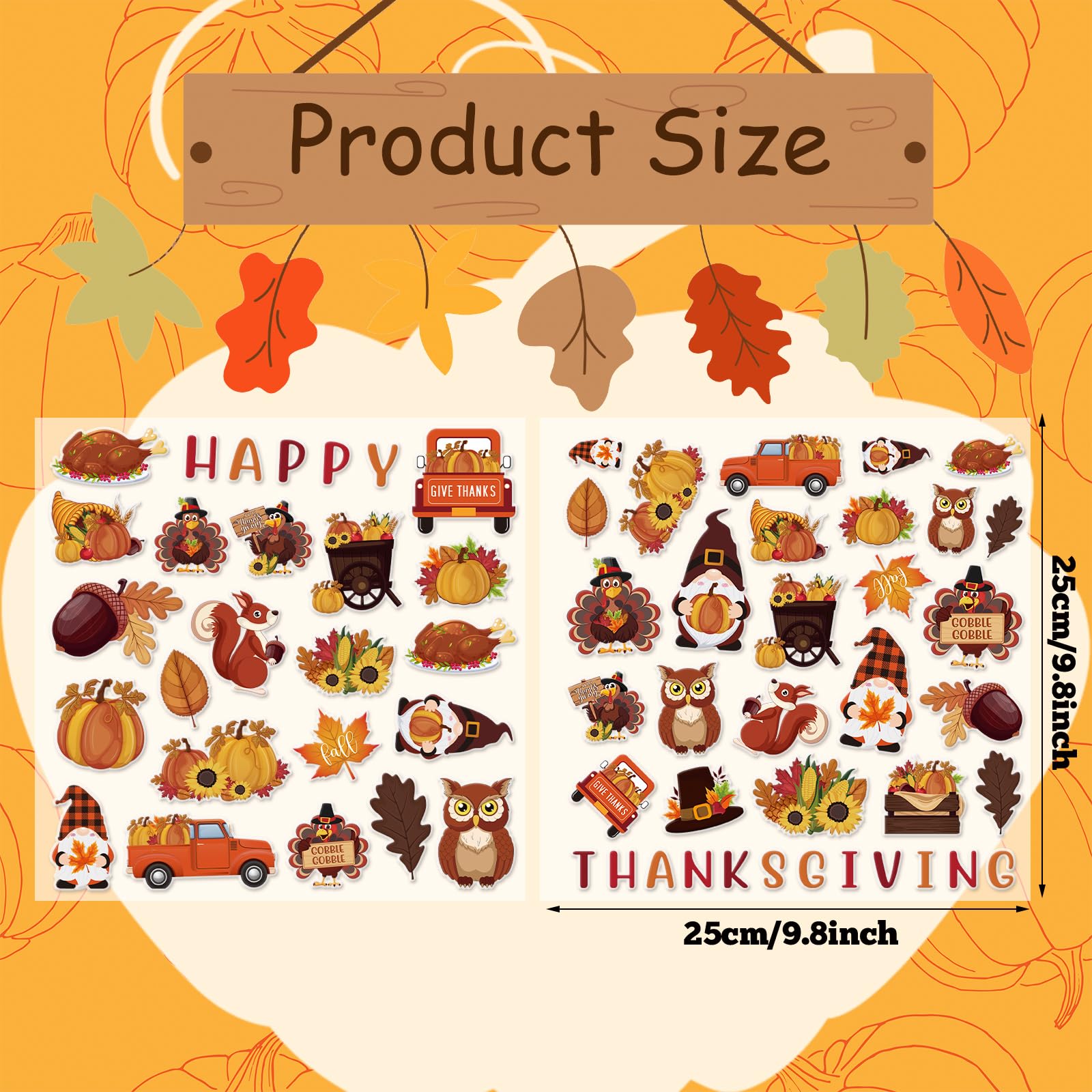 Motipuns 48 Pcs Thanksgiving Window Gel Clings Happy Thanksgiving Thick Gel Clings Removable Reusable Fall Turkey Pumpkin Window