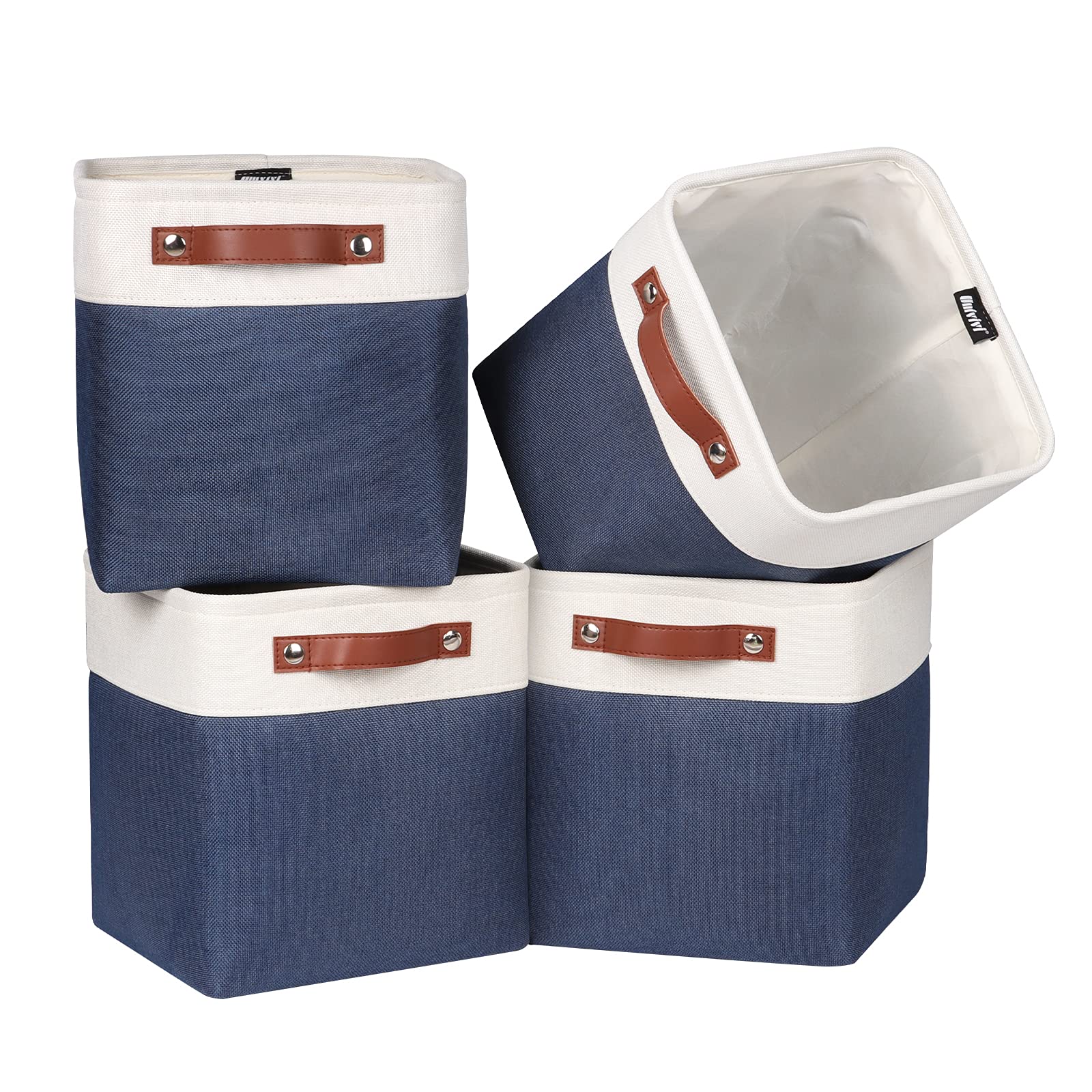 Univivi Fabric Cube Bins Set Of 4 Storage Baskets With Pu Handles For Home Closet Nursery Foldable Storage Bins (Blue, 10.5'' X