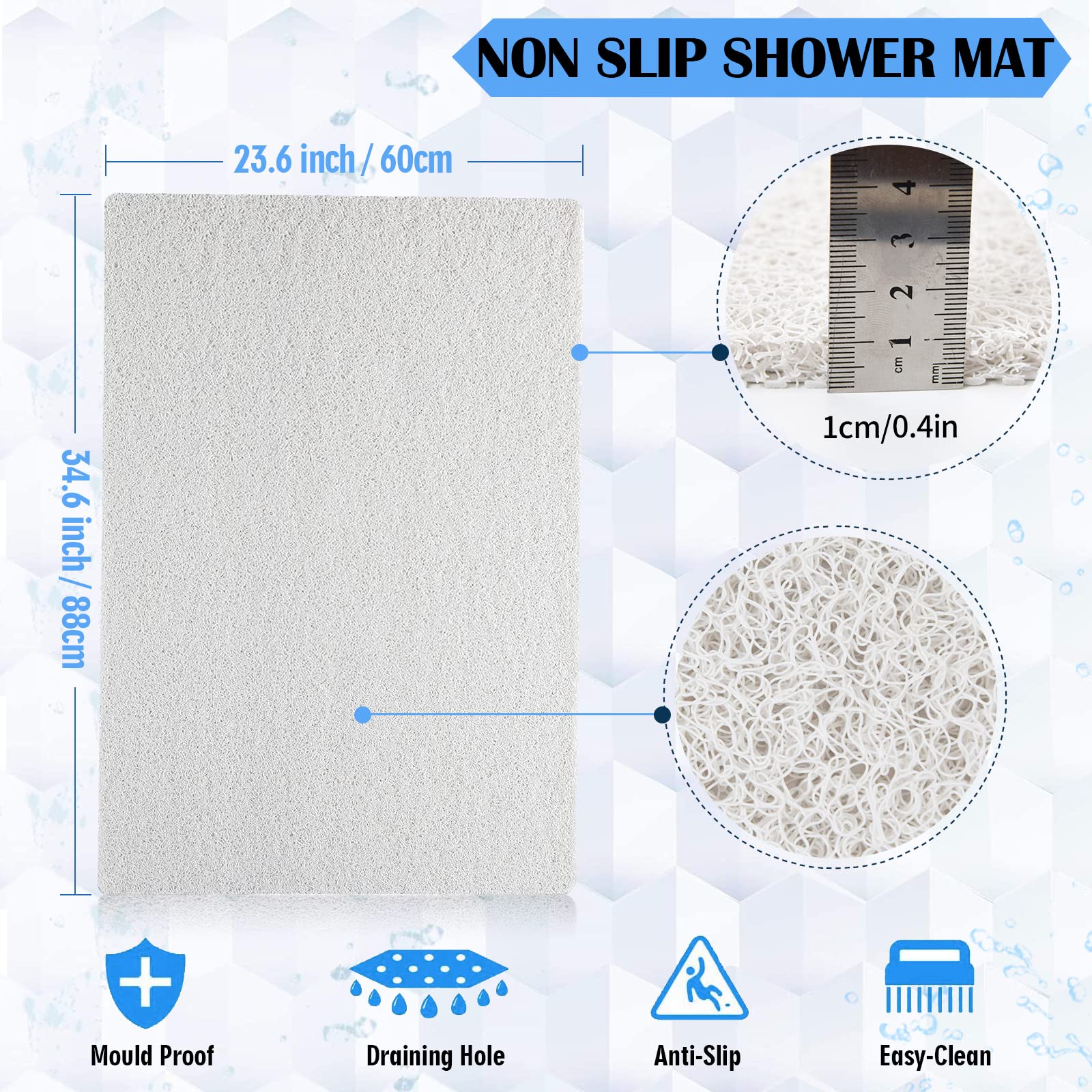Shower Mats Non Slip, 23.6  34.6 Inch, Bath Mat For Shower, Loofah Mats For Shower And Bathroom, Quick Drying, White
