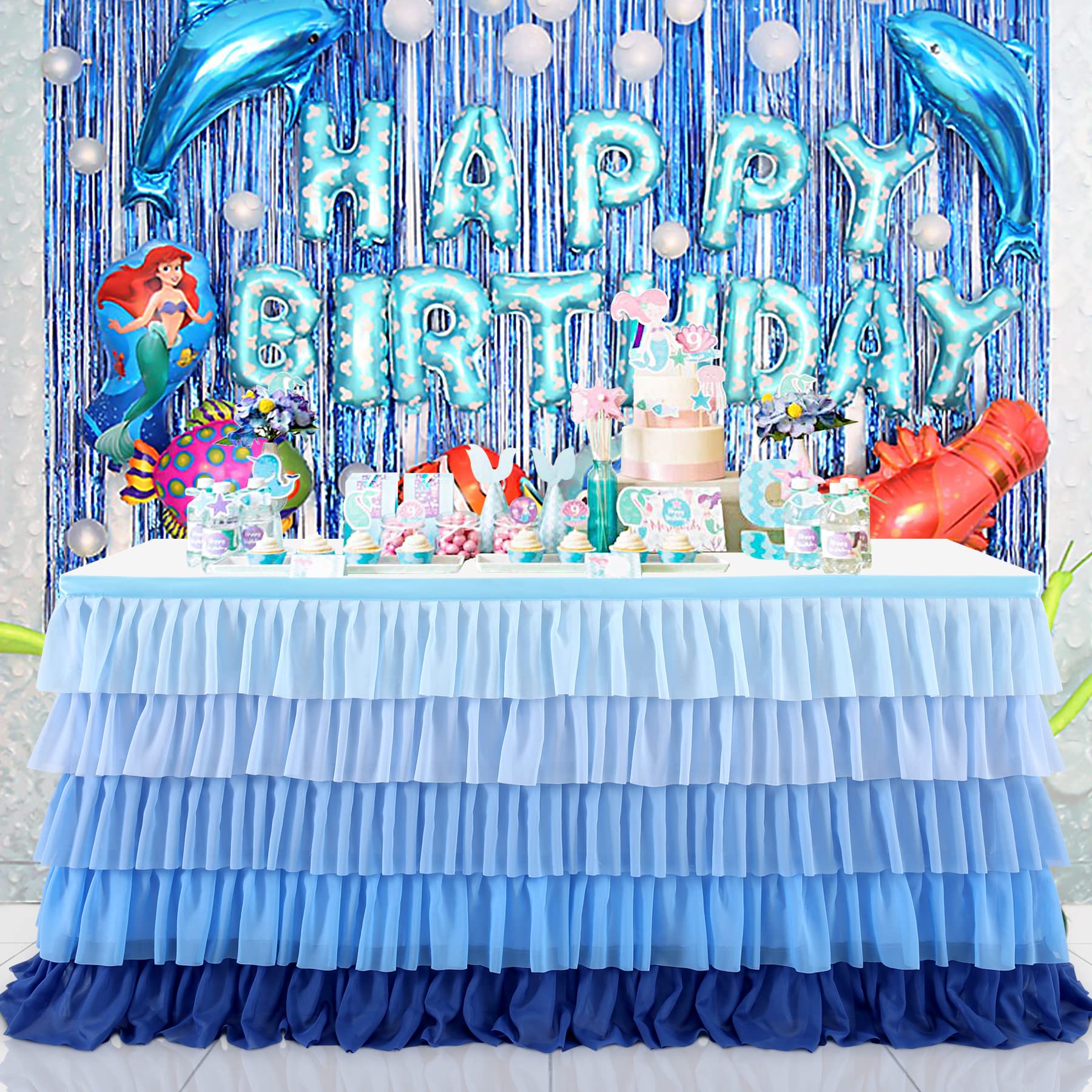 Gradient Blue Table Skirt Tutu Tablecloth For Under The Sea Party Frozen Decorations Gender Reveal Birthday Elephant Baby Shower