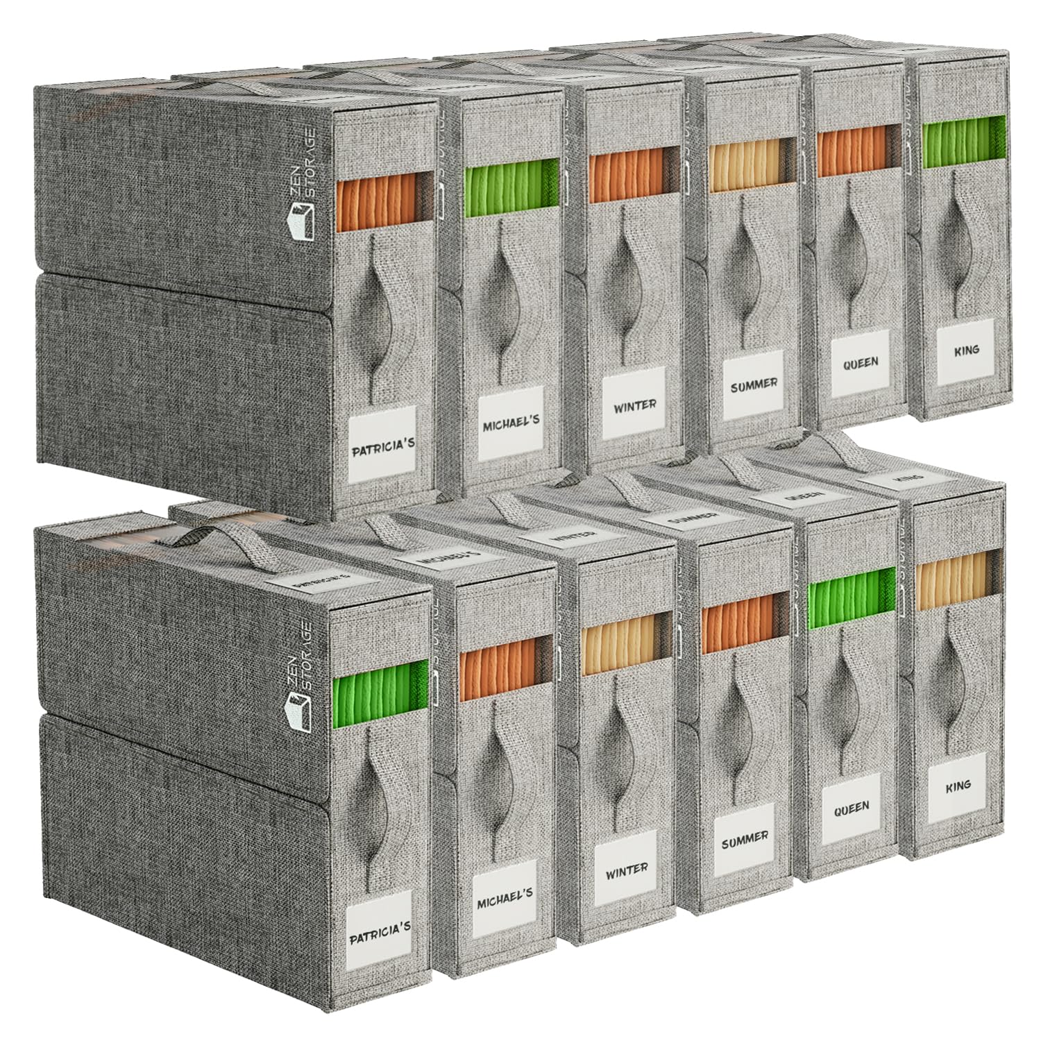 12Pack Sheet Organizers for Linen Closet - King/Queen Size Bedding Storage Boxes with Clear Window | Foldable, Dustproof Linen O