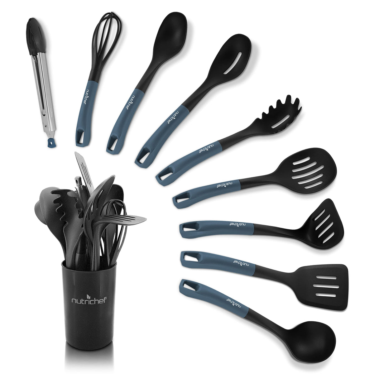 Nutrichef 10-Piece Non-Stick Heat Resistant Silicone Kitchen Gadgets Cookware Tools, Cooking Utensils Set With Holder, Pots & Pa