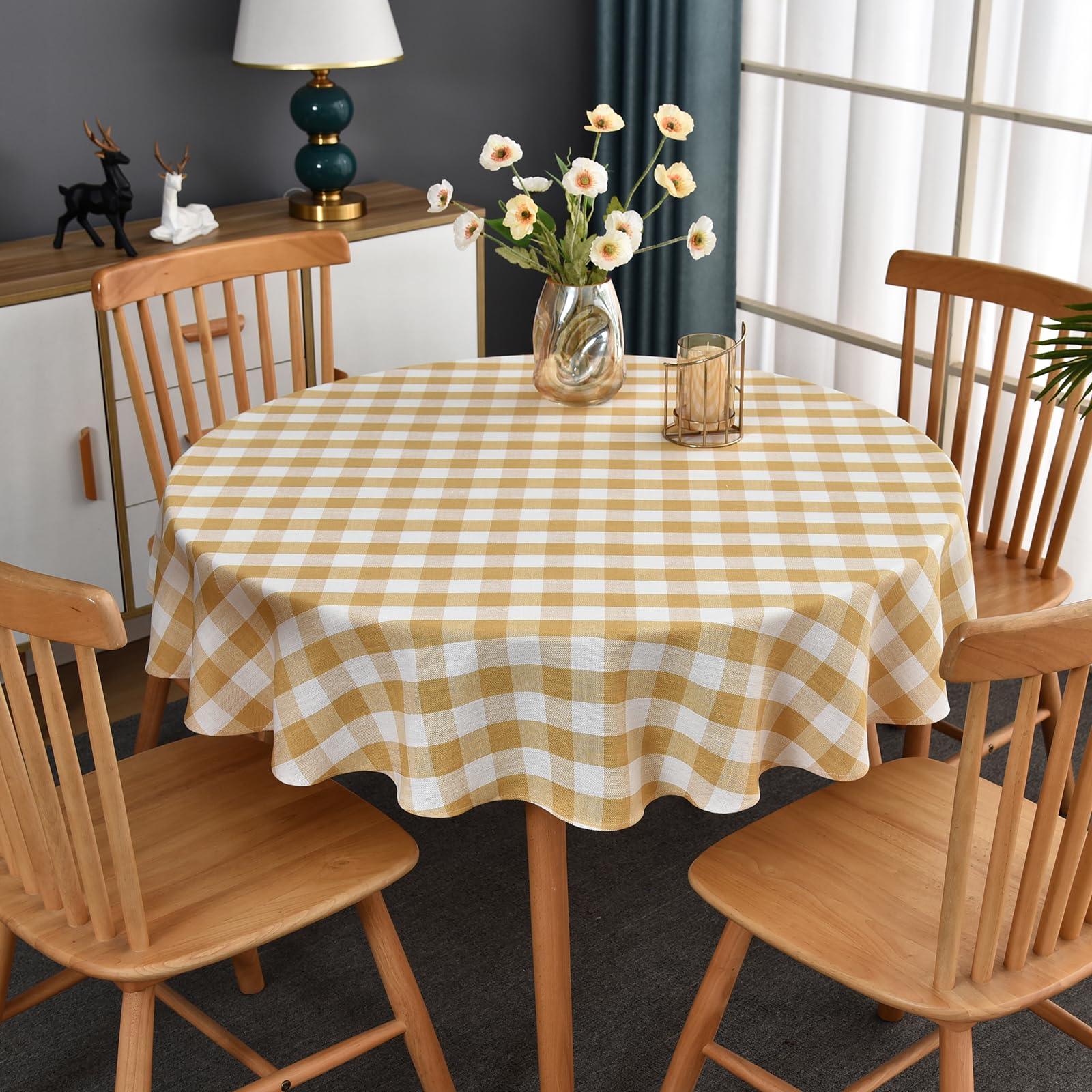 Yofori Gingham Table Cloth for Round Tables Yellow Checkered Plaid Tablecloth Heavy Duty Cotton Blend Washable & Wrinkle Table C