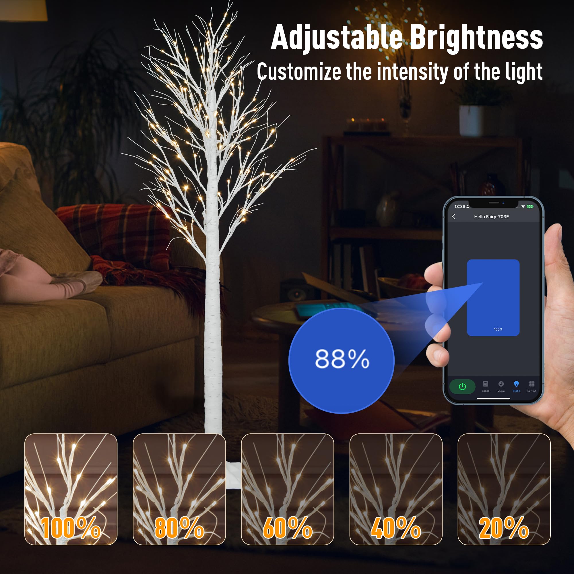 Smart Lighted Birch Twig Tree with Fairy Lights, APP Conrol, 6FT 120 Warm White LEDs, 18 Modes, Dimmable, Schedule, Music Sync W