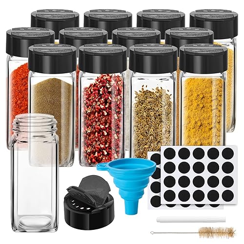 12 Pack Glass Spice Jars with Labels  4oz Spices Containers Spice Jars with Black Shaker Lids  Empty Containers for Spice  Silicone Funnel and Marker Pen Included