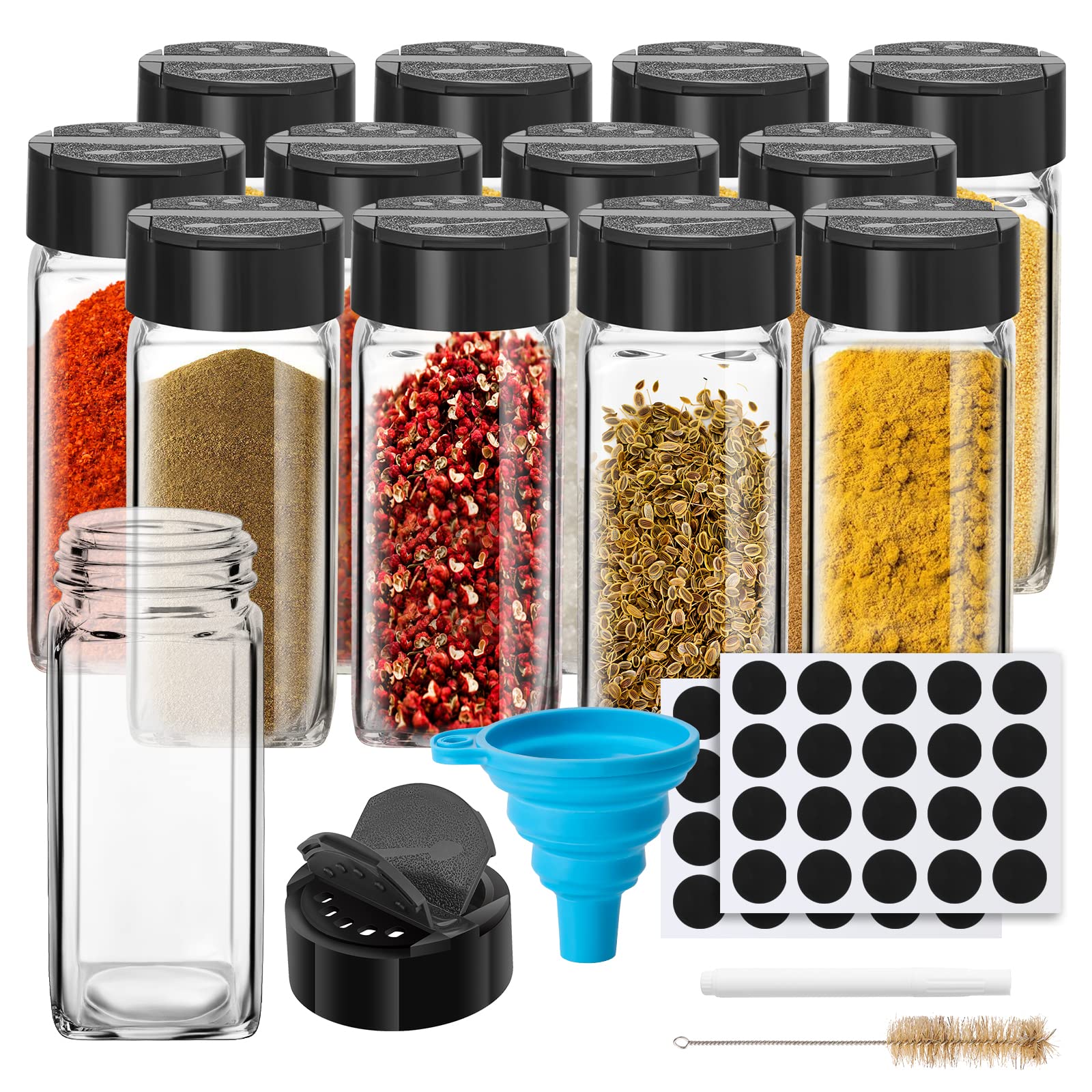 12 Pack Glass Spice Jars With Labels, 4Oz Spices Containers Spice Jars With Black Shaker Lids, Empty Containers For Spice, Silic