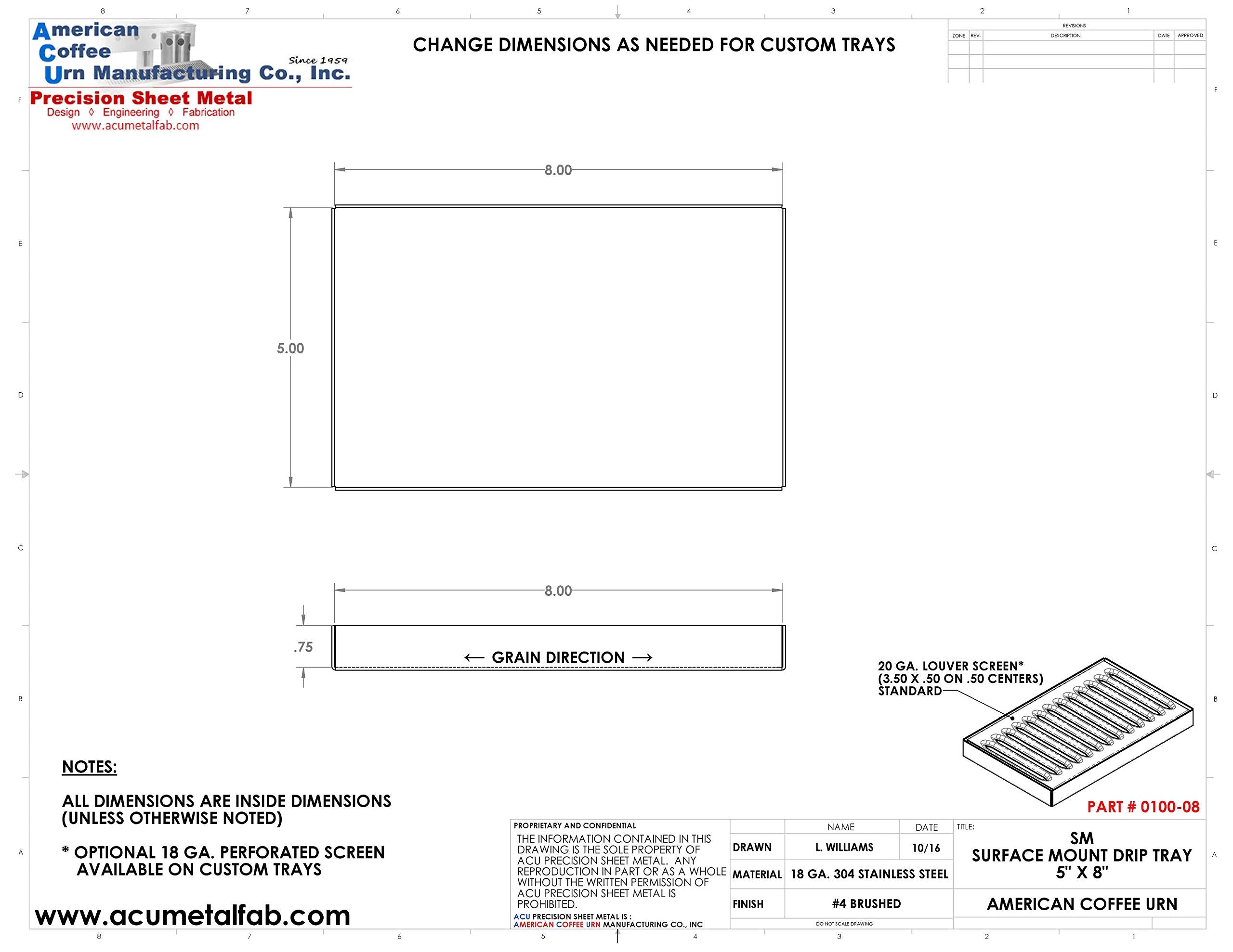 Acu Precision Sheet Metal 0100-08 Surface Mount Drip Tray, No Drain, Stainless Steel, 4 Brushed Finish, 5'' X 8'' X 3/4'', Silve