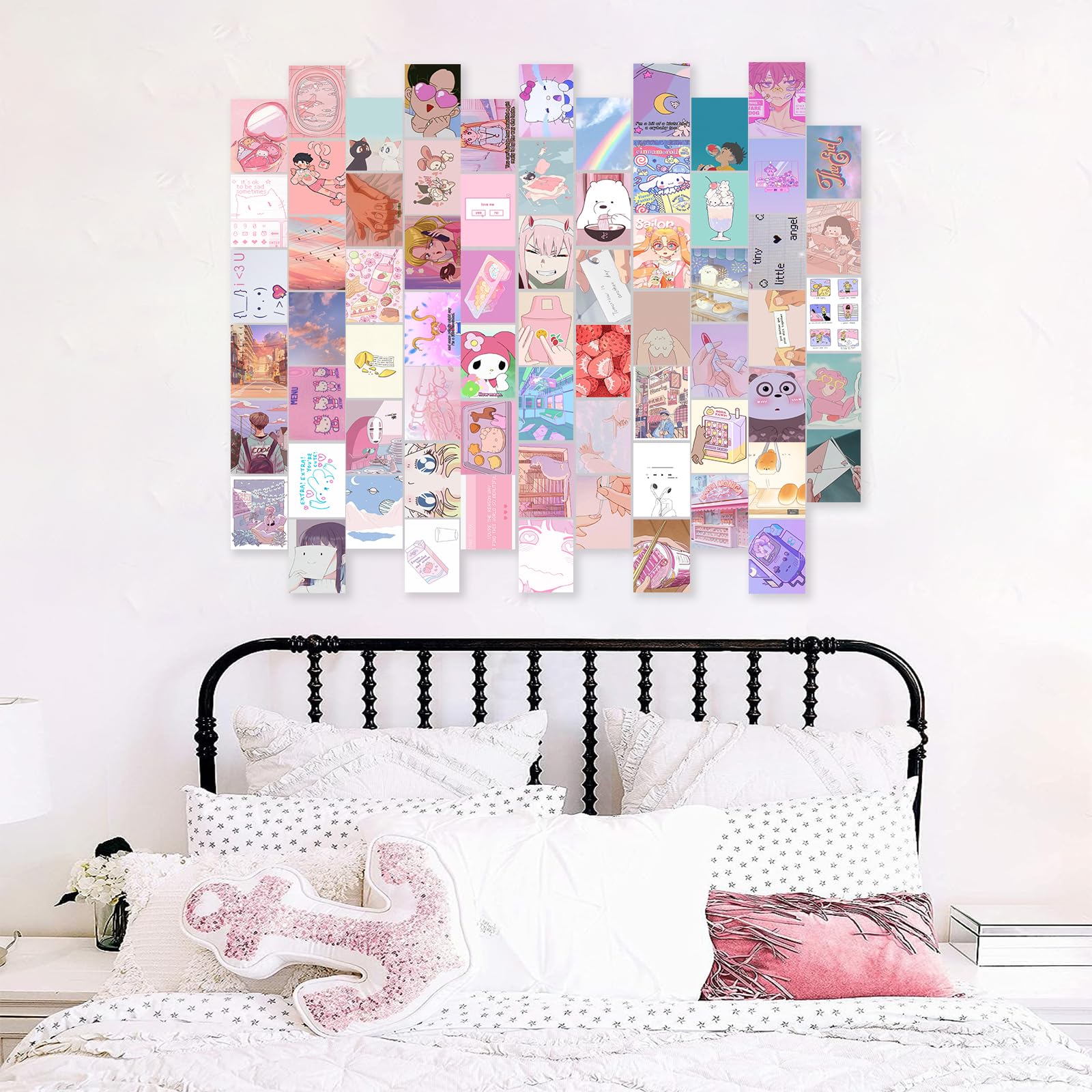 Kbkbart Anime Aesthetic Wall Collage Kit, 70Pcs Kawaii Room Decor, Pink Cartoon Assembled Print Card Set, Anime Photo Wall Colla