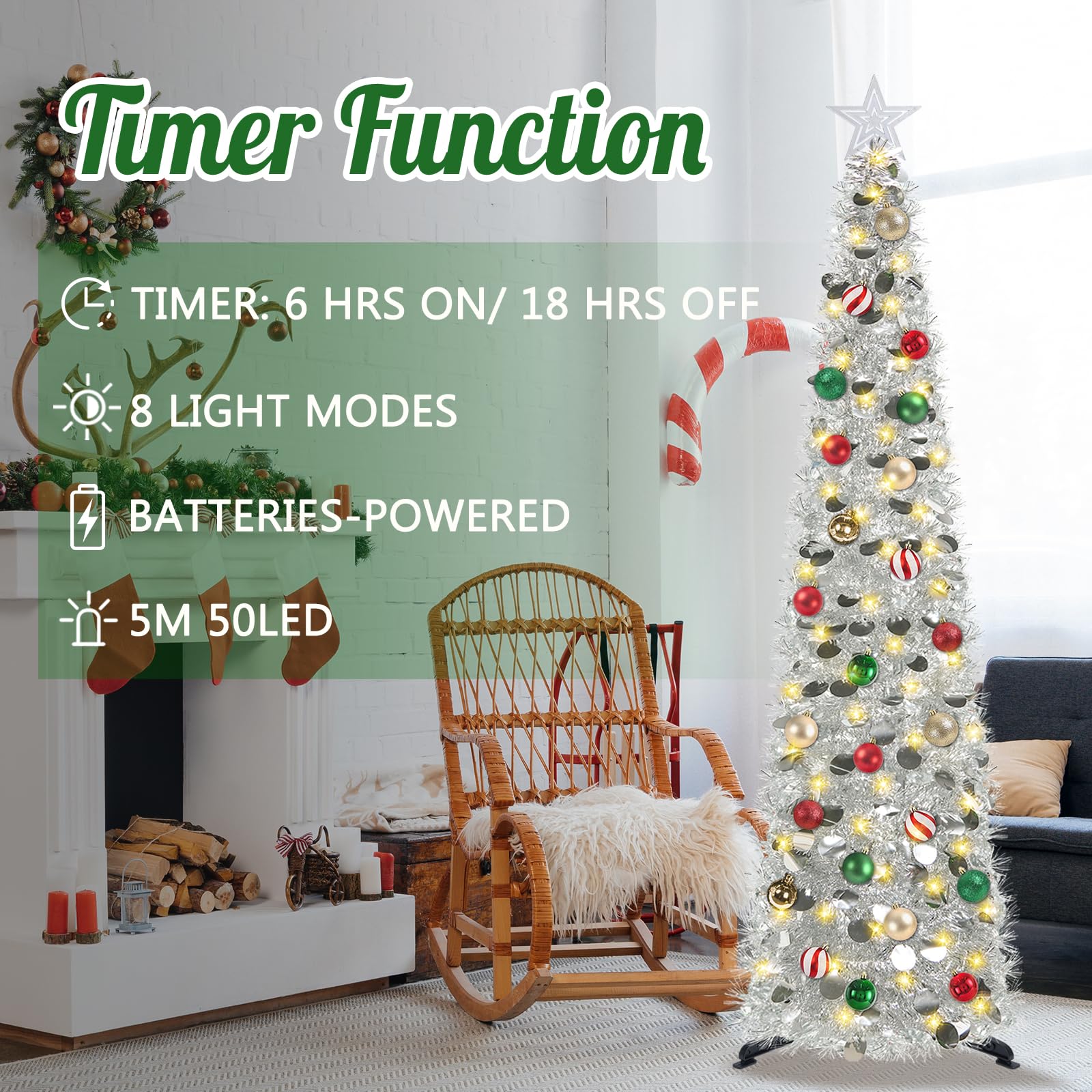 SINTENILL 5 FT Pop Up Christmas Tree with Timer Lights and Decorations, Silver Artificial Tinsel Christmas Tree with 24 Ball Orn