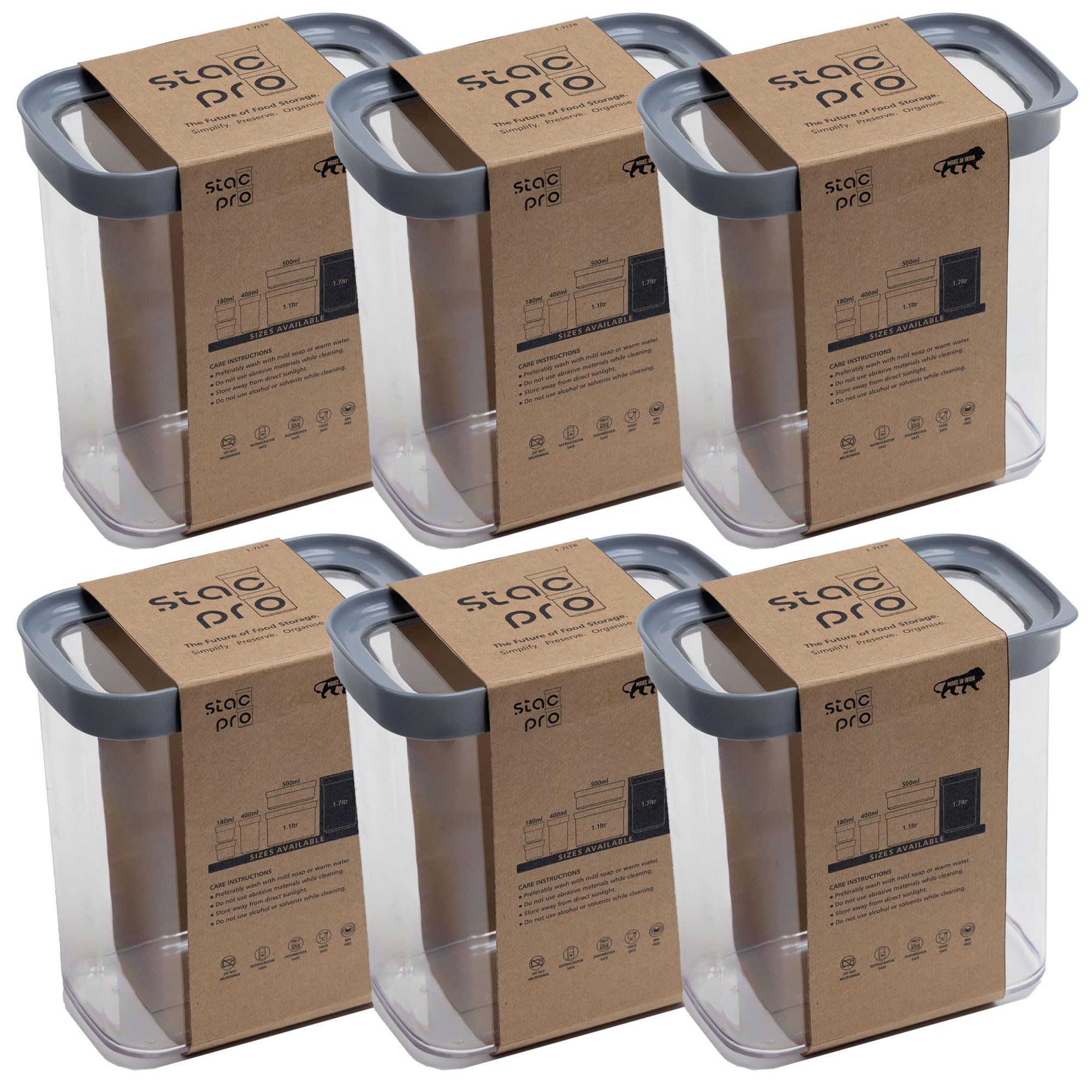 StacPro Airtight BPA Free Kitchen Containers 1700 ML, Pack of 6 | Stackable Jar, Modular Storage, Pantry Organiser, Fridge & Dis