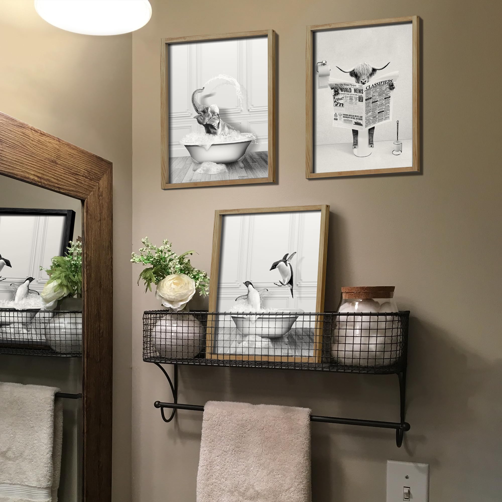 Heiple Set Of 3 Framed Bathroom Wall Art Funny Penguin, Cow & Elephant For Funny Bathroom Wall Decor Hanging Farmhouse Home Bath