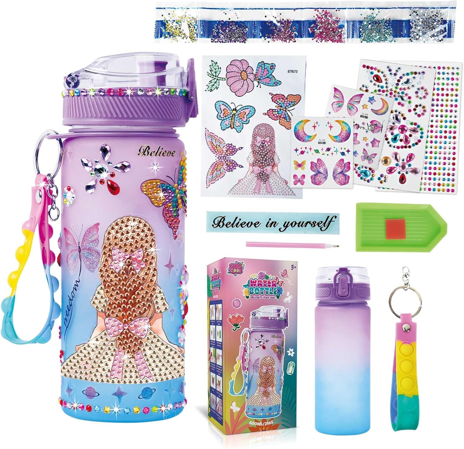 Kolorfish Diy Style 600Ml Water Bottle For 4 5 6 7 8-13 Year Old Girls Kids, Decorate Your Own Bottle Kits, Butterfly Gem Diamon