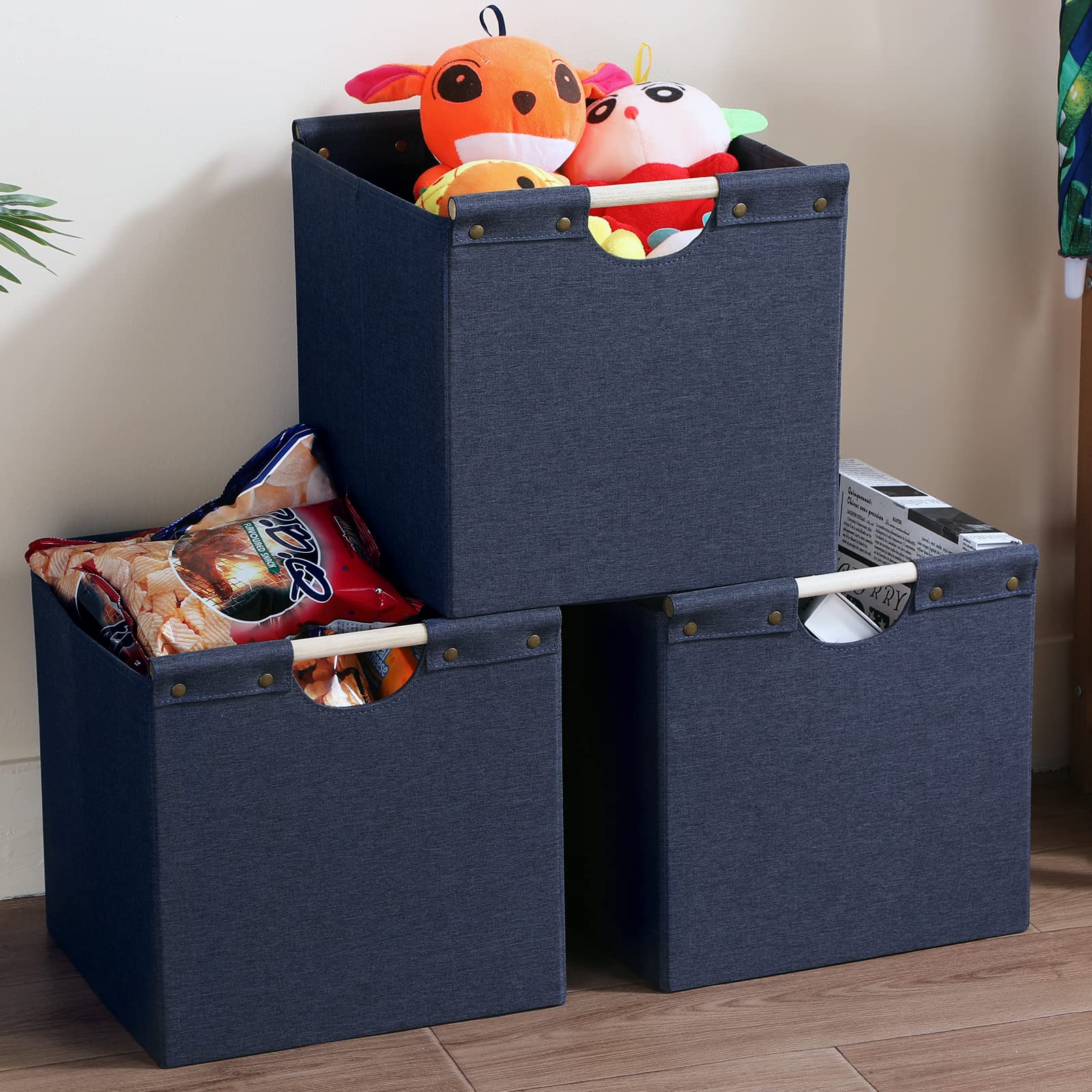 Hoonex Collapsible Storage Bins, 12X12X12In Storage Cubes Linen Fabric, 3 Pack, Storage Baskets With Wooden Carry Handles And St