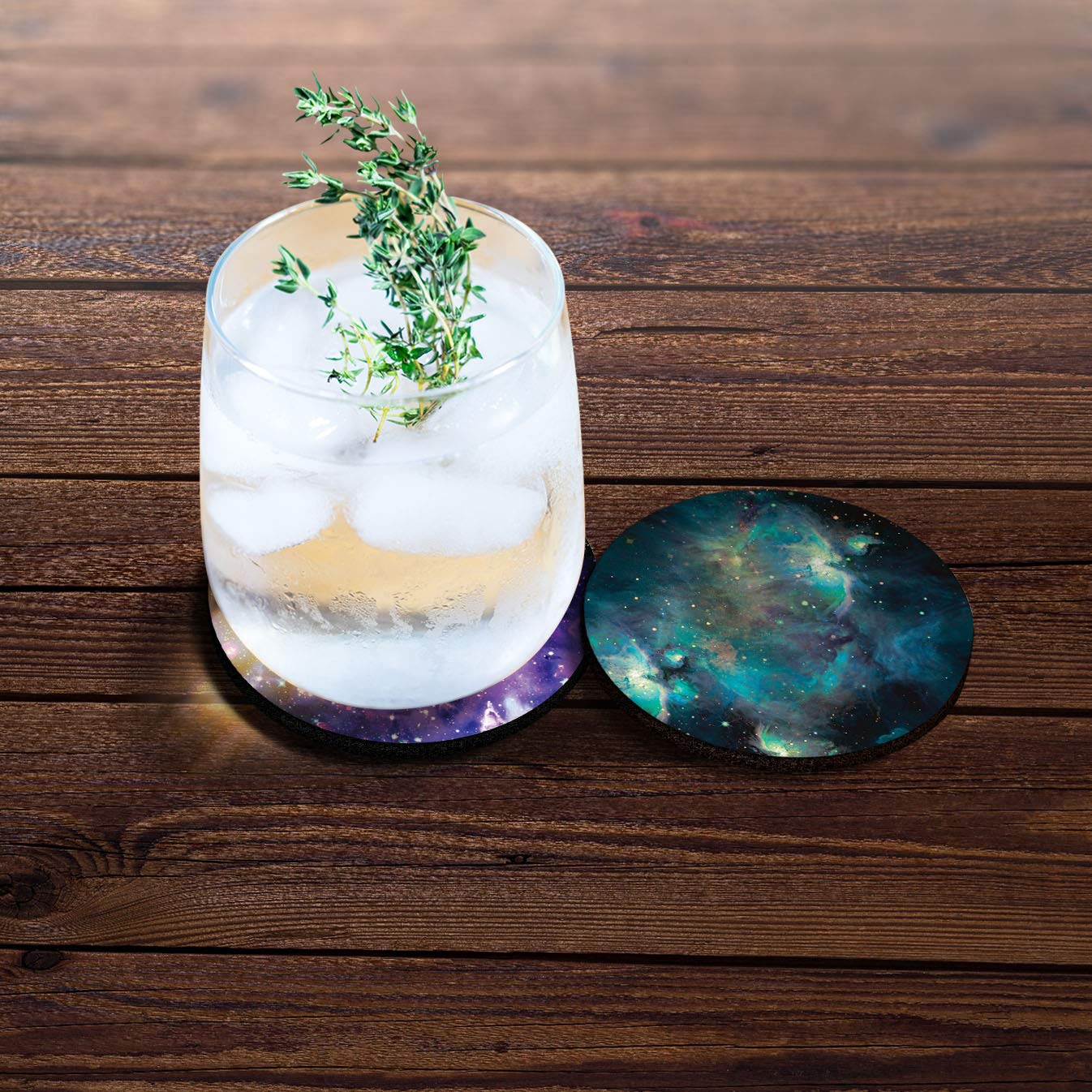 Caribou Coasters, Blue Sky Galaxy Nebula + Purple Nebula Galaxy Design Absorbent Round Fabric Felt Neoprene Car Coasters For Dri