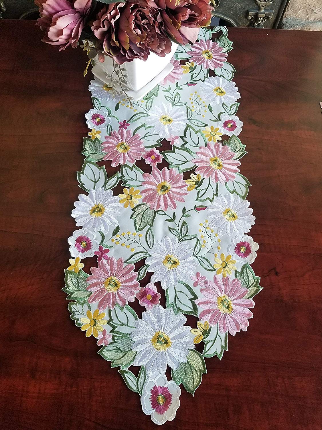 Spring Table Runner 13''  34'' Embroidered Flowery Applique Floral Daisy Cutwork Table Linen Home Kitchen Dining Tabletop Decora