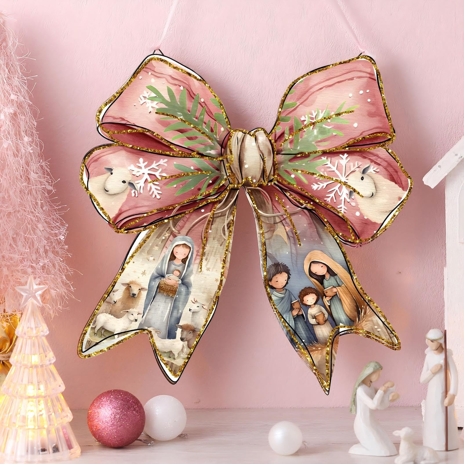 RattanView Jesus Christmas Bow Wooden Hanging Sign Coquette Bow Wall Hanging Nativity Scene Wall Art Bowknot Welcome Door Sign D