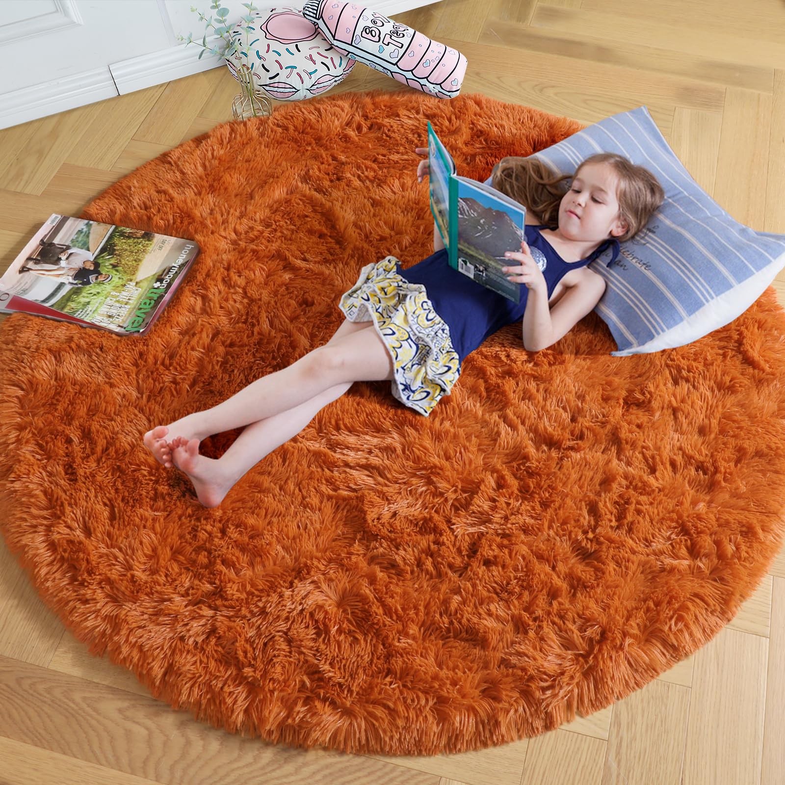 Amdrebio Burnt Orange Round Circle Rug 5Ft for Bedroom Living Room, Fluffy Fuzzy Shaggy Furry Area Rugs for Kids Room Decor Aest