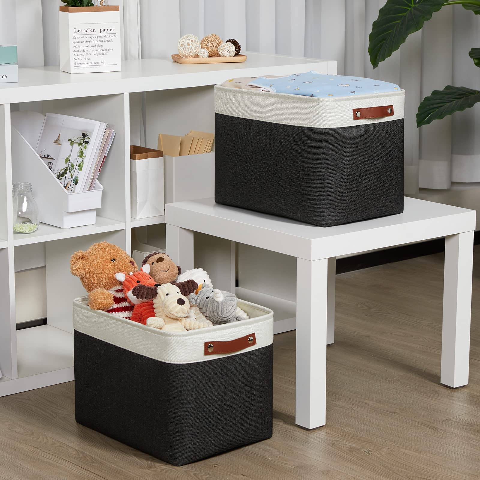 Dullemelo Storage Bins Large-16''X12''X12'' With Leather Handles For Organizing,Decorative Collapsible Storage Baskets For Shelv