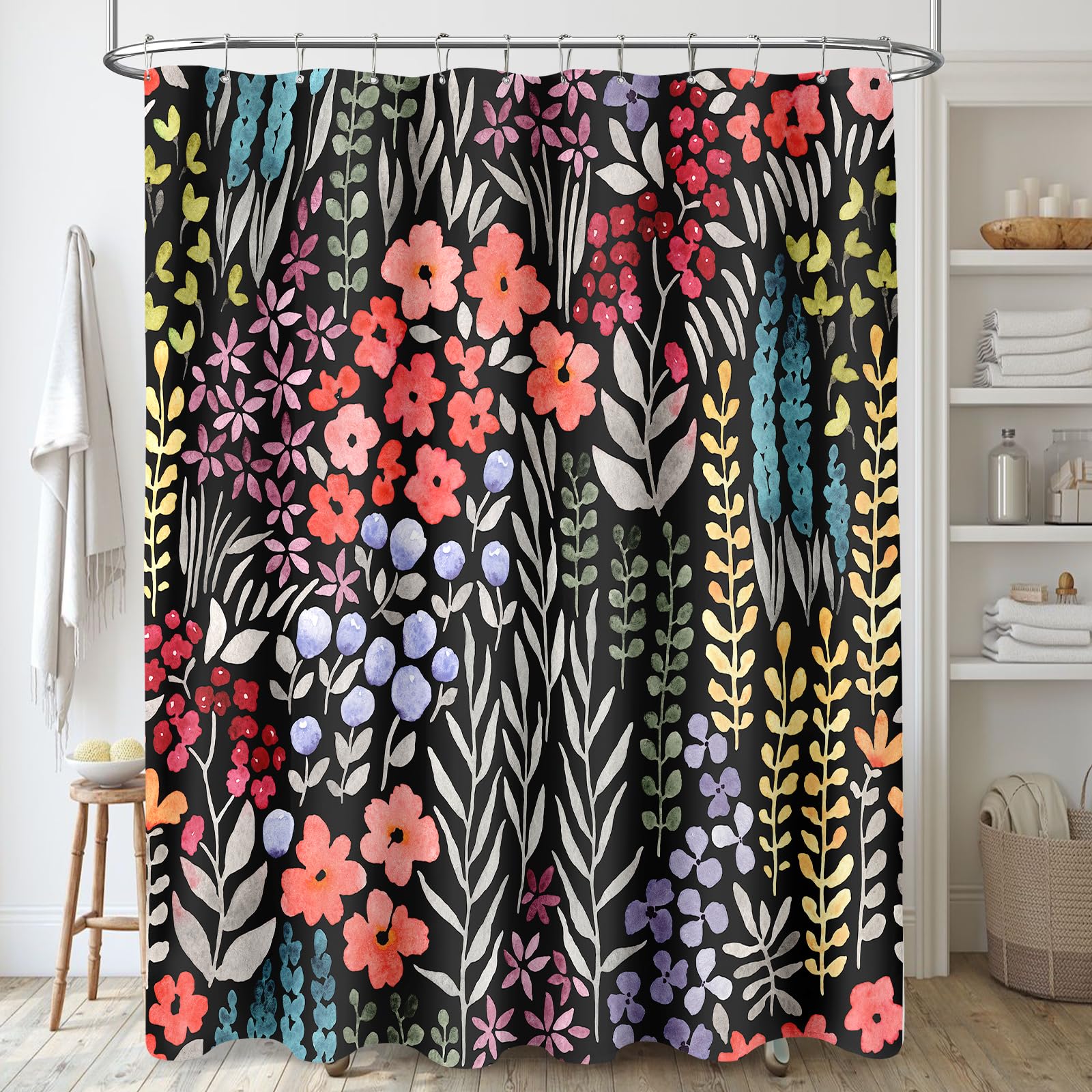 Mayzus Colorful Floral Shower Curtain 60X72, Cute Boho Flower Fabric Shower Curtain, Funky Watercolor Wildflower Shower Curtain