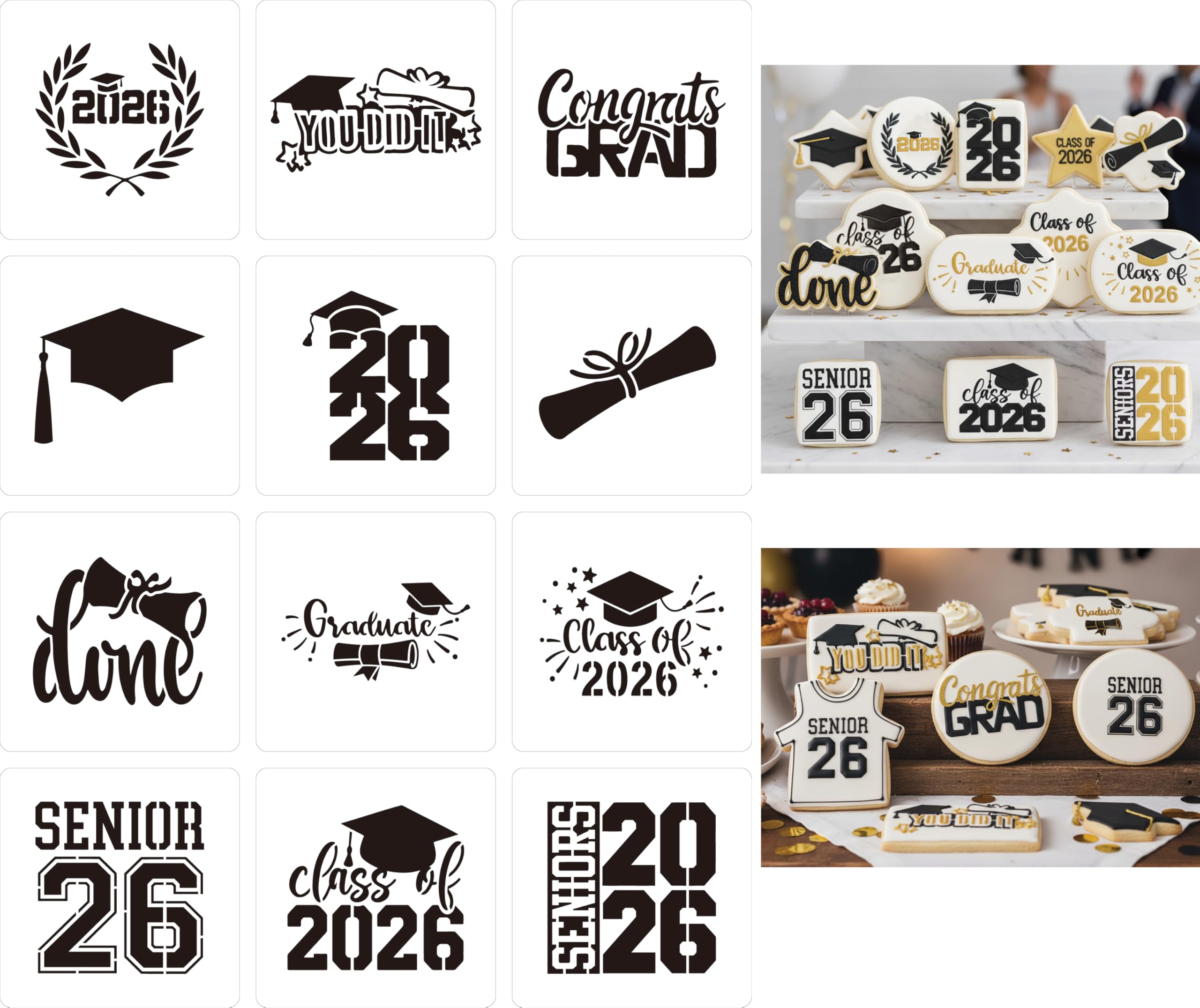Class of 2026 Graduation Cookie Stencils, 4X4In12Pcs Style-Congrat GRAD/Mortarboard/Diploma/Done/You Did It/Senior 2026 Stencil 