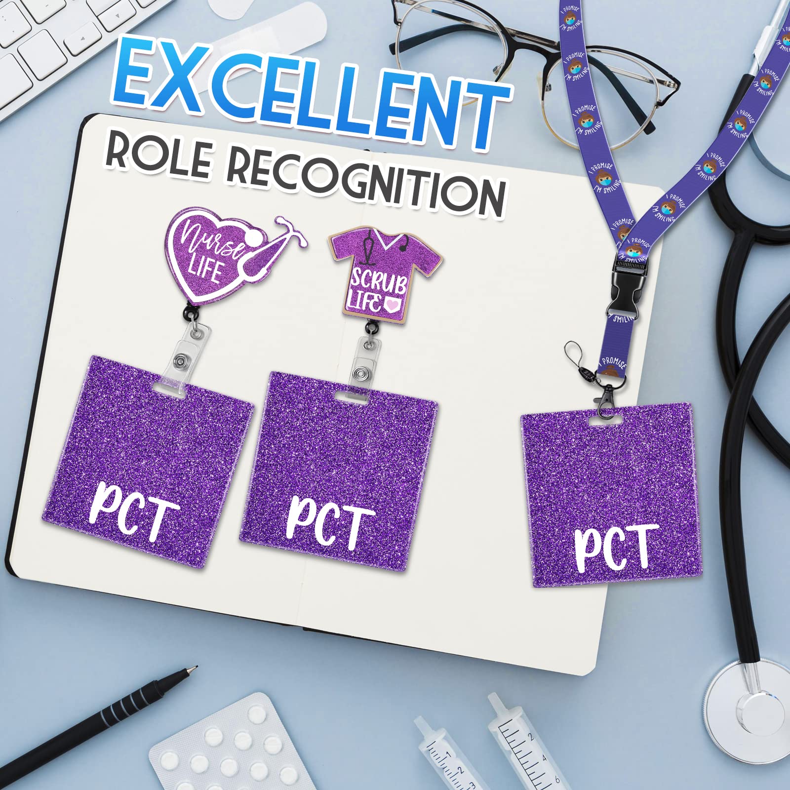 Plifal Pct Badge Buddy Card Holder Nurse Nursing Accessories Patient Care Technician Glitter Purple Horizontal Id Name Identific