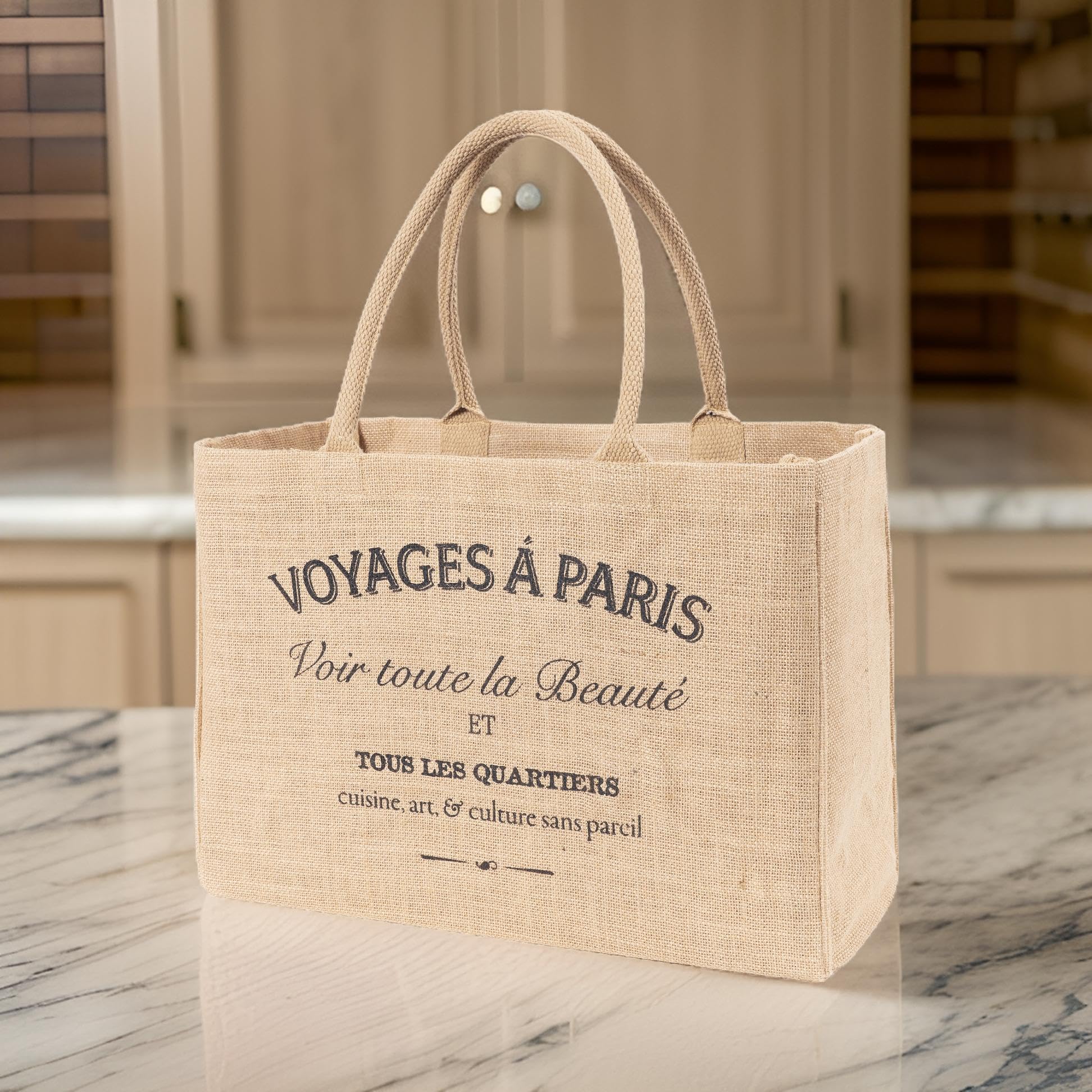 Kaf Home Jute Market Tote Handles Reusable Grocery Bag, Voyages