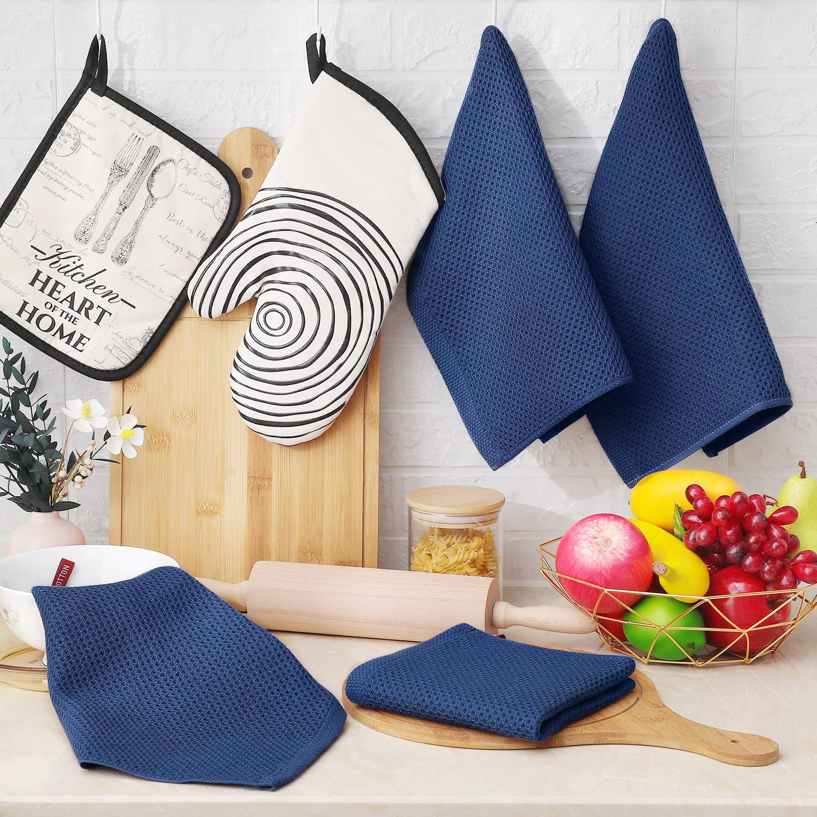 Homaxy 100% Cotton Waffle Weave Kitchen Dish Cloths, Ultra Soft Absorbent Quick Drying Dish Towels, 12 X 12 Inches, 8-Pack, Navy