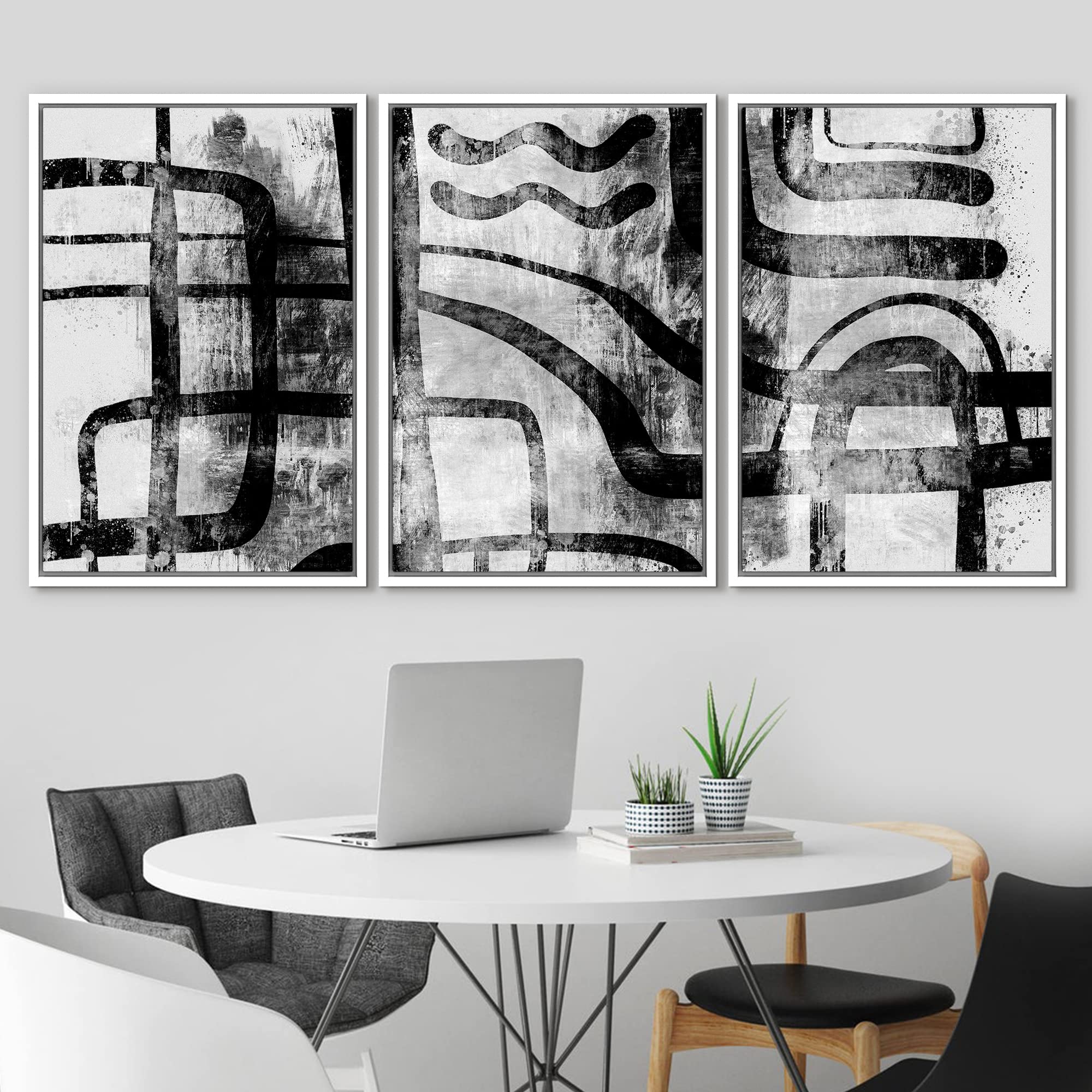 Idea4Wall Framed Wall Art Print Set Faded Industrial Style Line Art Pattern Abstract Shapes Illustrations Modern Art Mid-Century