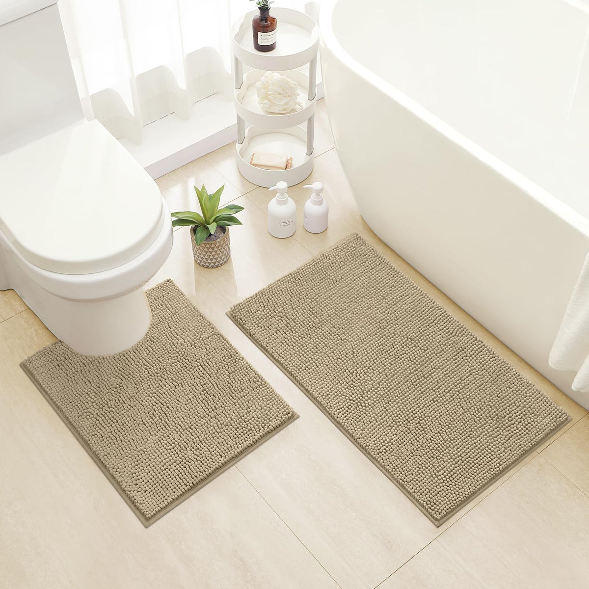 Homeideas Bathroom Rugs Set 2 Pieces, Ultra Soft Non Slip Absorbent Chenille Toilet Bath Mat Set (Taupe)