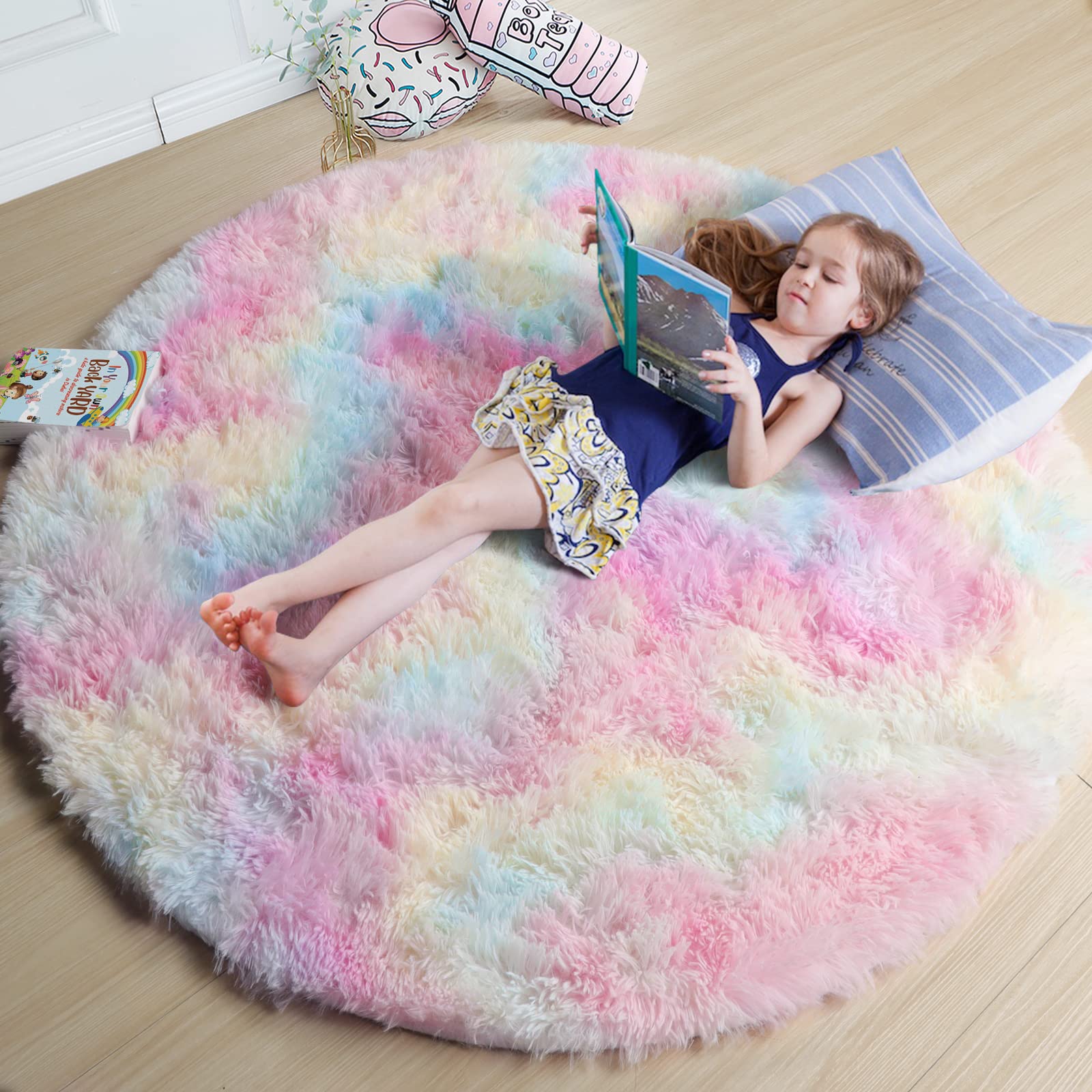 Amdrebio Rainbow Fluffy Round Rug 4Ft Kids Rugs for Girls Bedroom, Unicorn Room Decor, Colorful Pastel Shag Carpet for Preppy Do