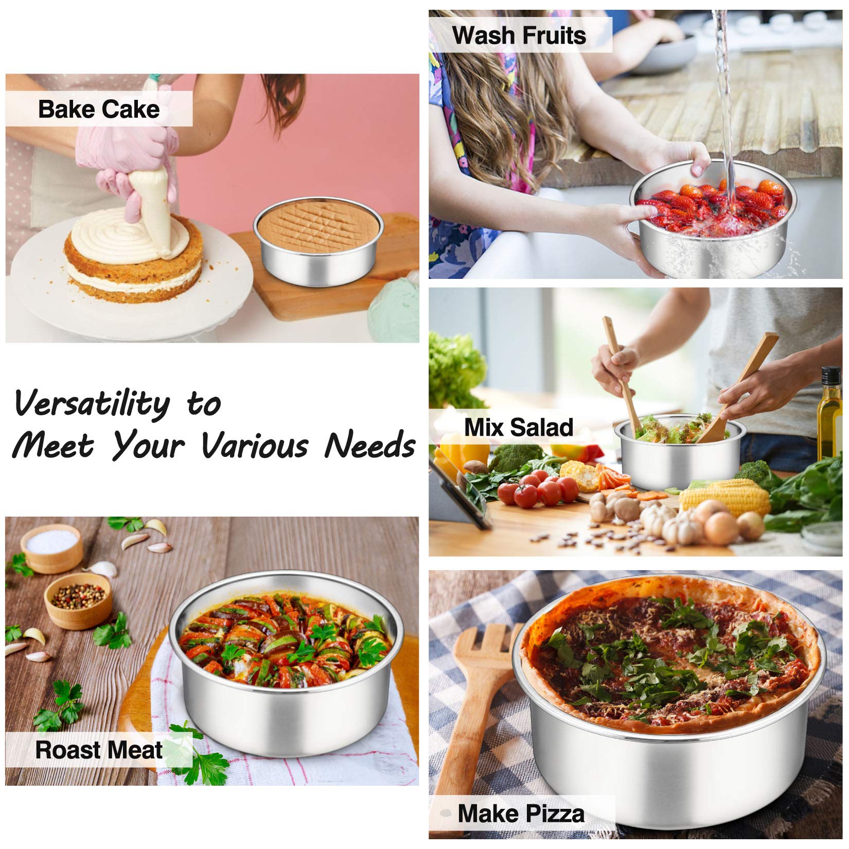 2 Pcs 6 Inch Deep Cake Pan Set  P&P CHEF 6'' x 2.95'' Stainless Steel Round Baking Pans  for Birthday Wedding Christmas  Non Toxic & Healthy  One-piece Construction & Deep Side  Oven & Dishwasher Safe