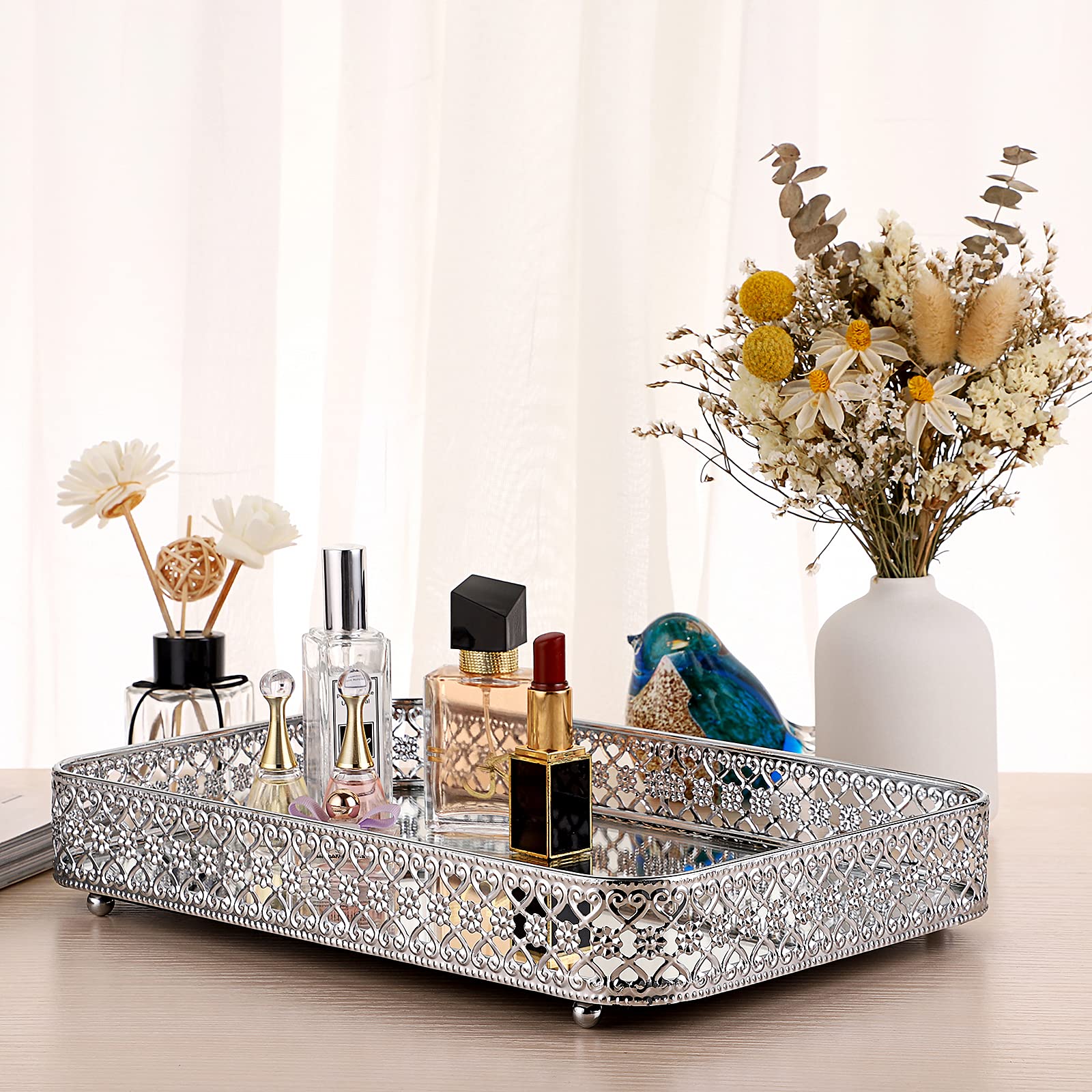 Elldoo Perfume Tray Mirror Tray Vanity Makeup Hollow-Carved Jewelry Tray Glass Metal Trinket Storage Tray Home Decor Organizer T