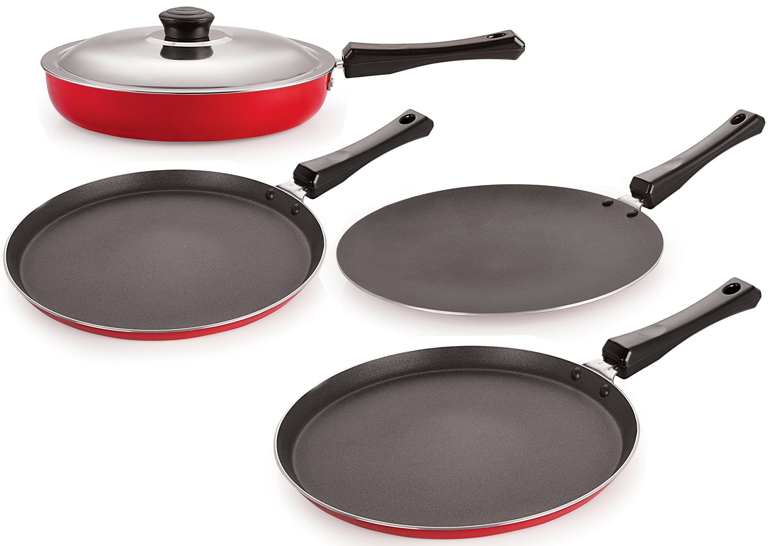 Nirlon NonStick Aluminium Cookware Set, 4Pieces, Red (26_Ft12_Ct_Fp13_Ft11)