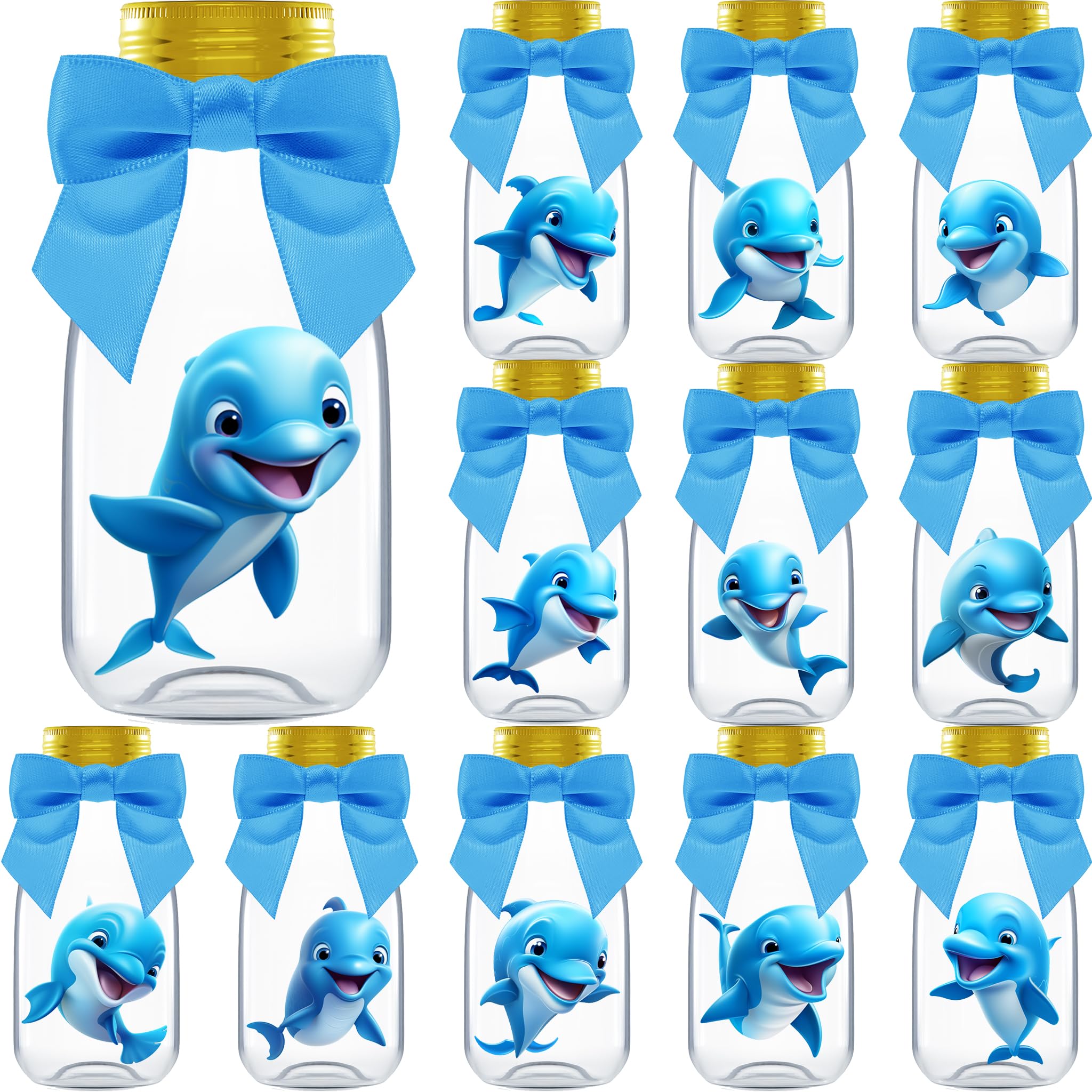 Ethisa Small 12 Pack Dolphin Party Favors - DIY Candy Jars with Ribbons and Stickers - Party Decoration Bottles for Birthday, Sc