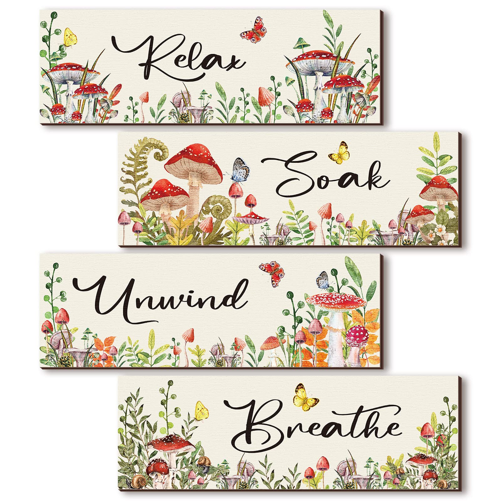 4 Pcs Mushroom Watercolor Floral Wall Art Bathroom Decor Relax Soak Unwind Breathe Wall Decor Sign Bathroom Butterfly Flower Pic