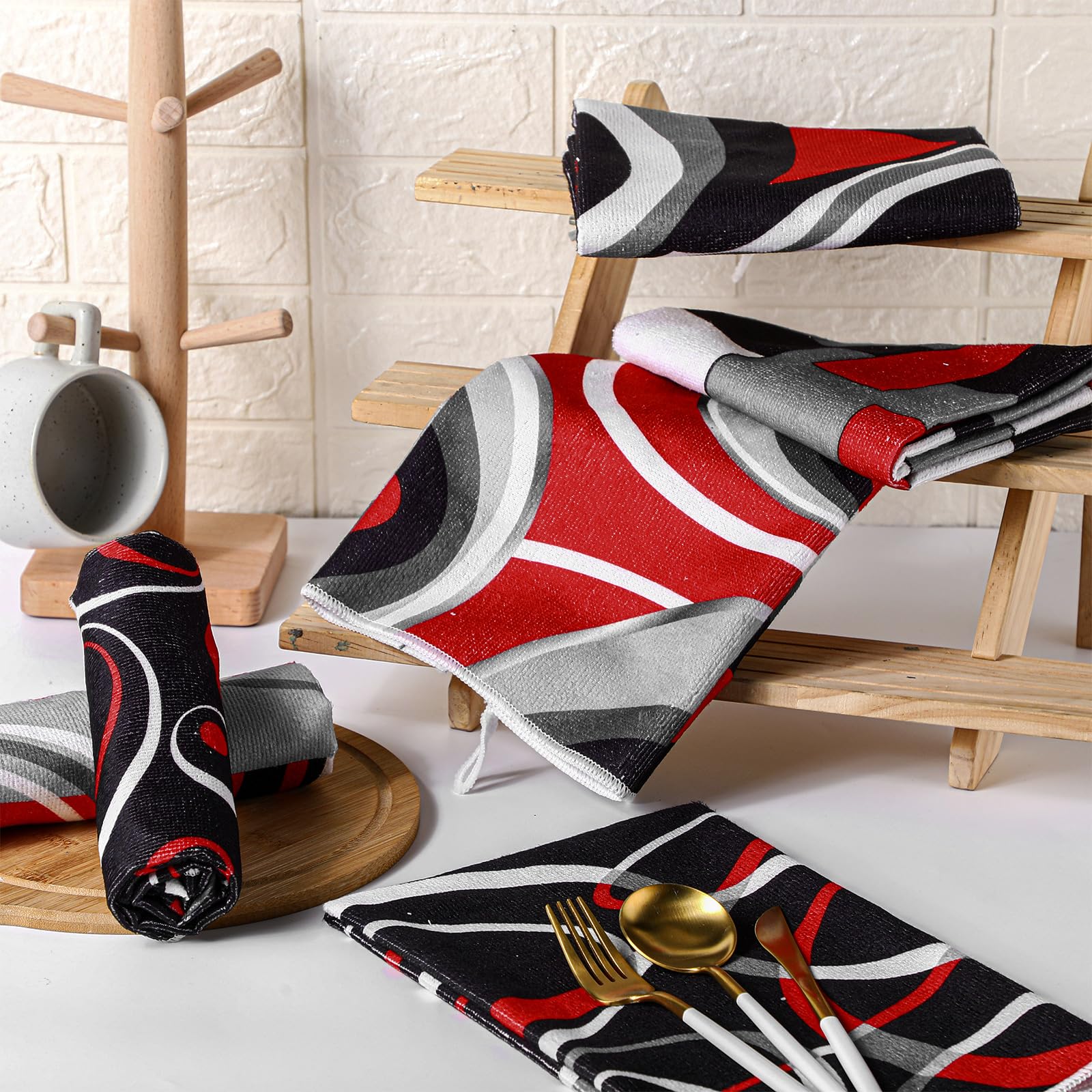 Boyiee Set of 6 Red Black Grey White Kitchen Towels Modern Geometric Dish Hand Towels 24 x 16 Inches Gifts Decorative Tea Cloth