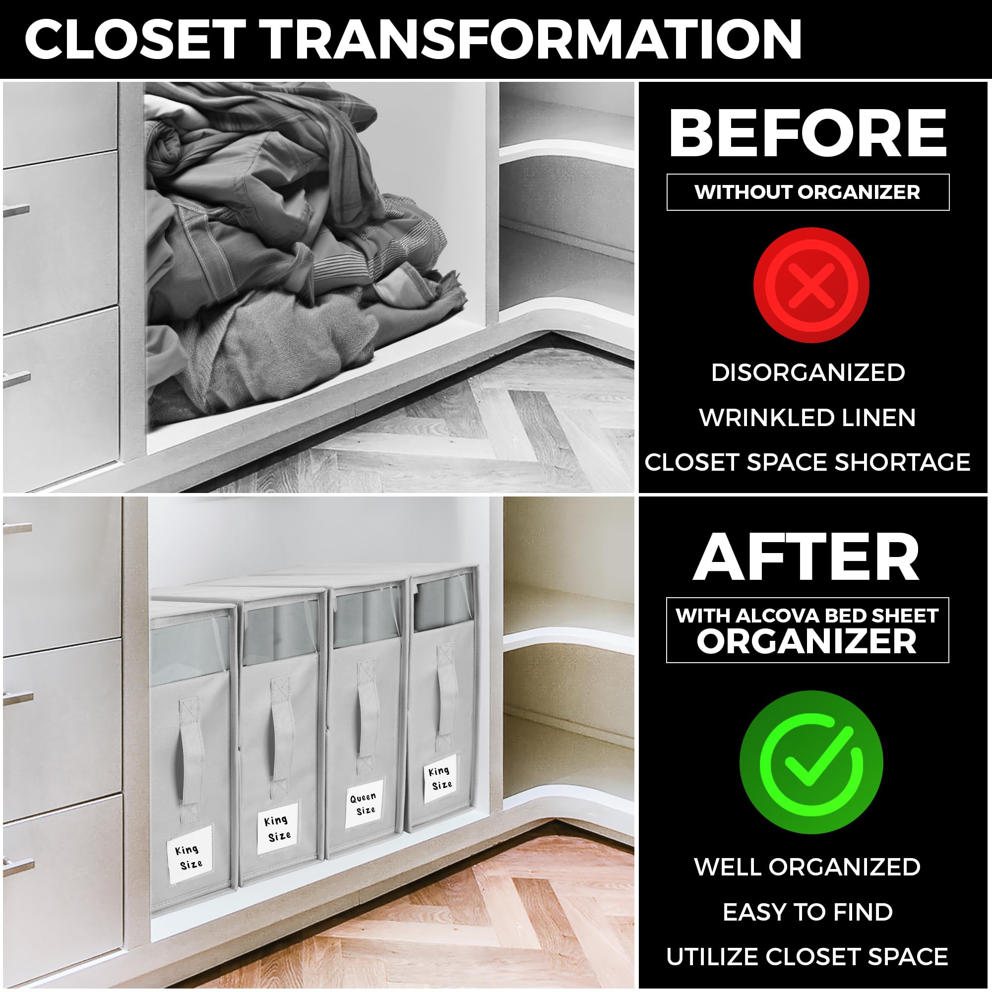 ALCOVA 4 Pack Bed Sheet Organizers and Storage with 1 Bed Sheet Tucker, Linen Closet Organizer Fits Queen & King Sheets, Bed She