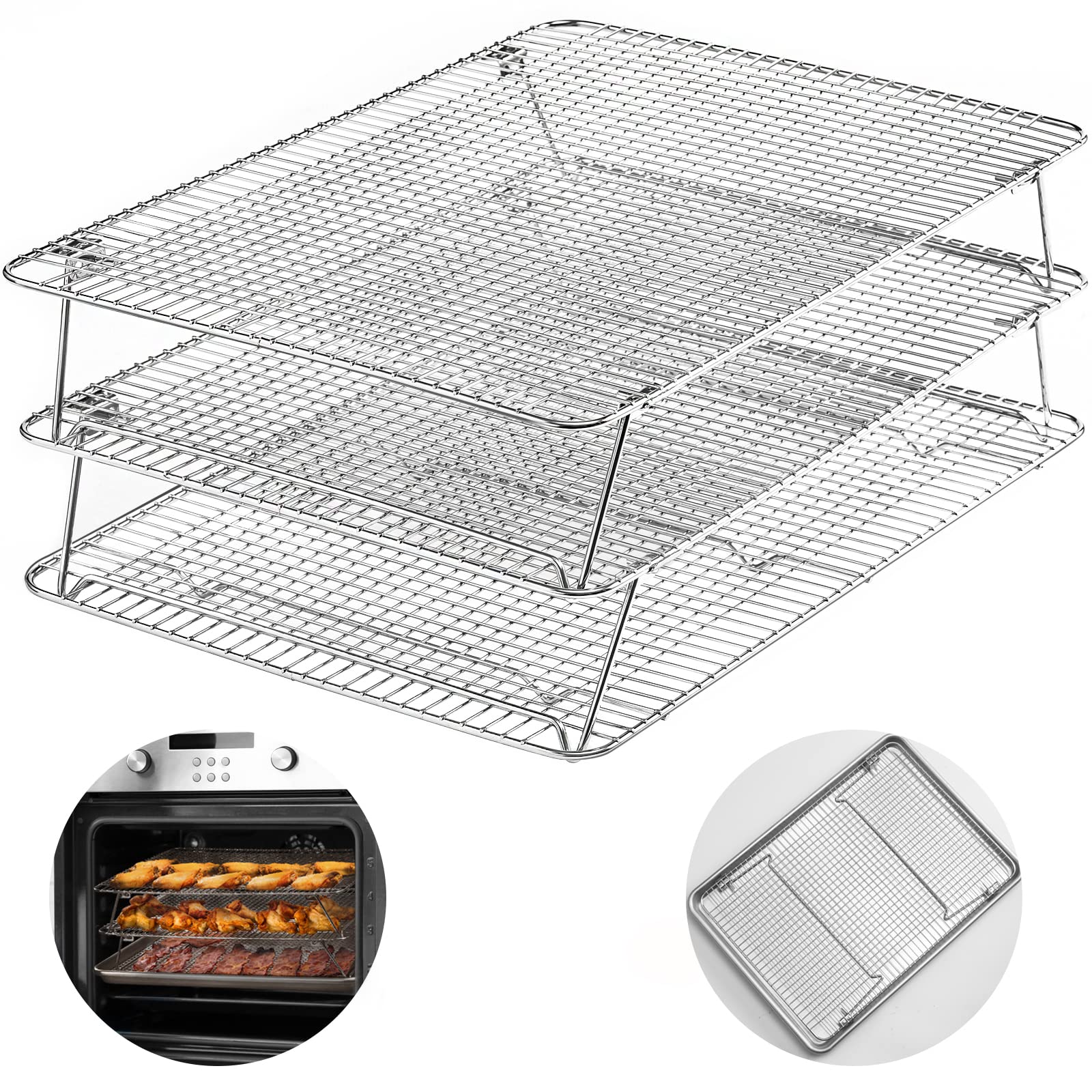Hiware Stainless Steel Stackable Cooling Rack For Baking, 3 Tier 11.8   X 16.5   ,Oven & Dishwasher Salf And Fit Half Sheet,Wire