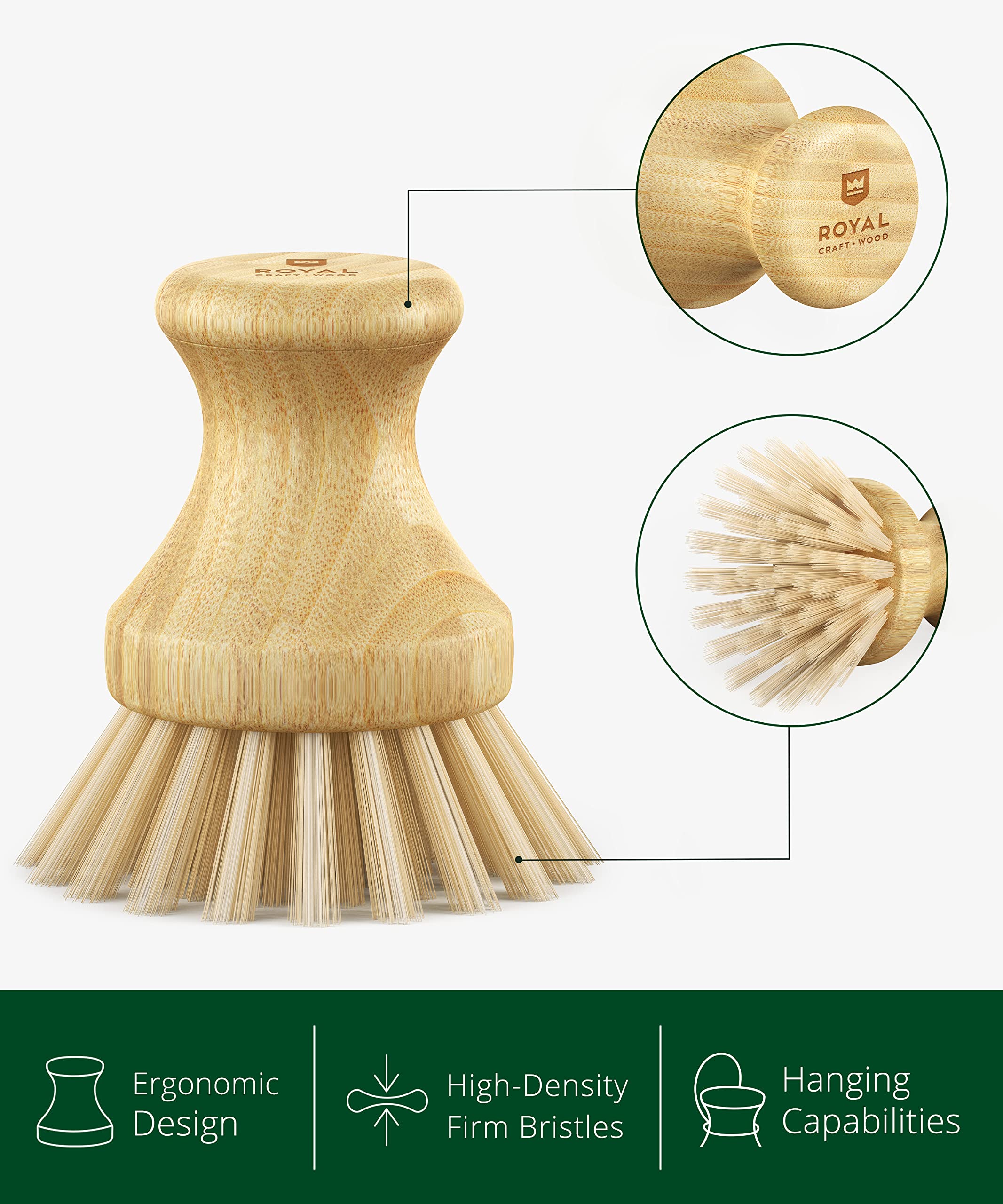 Royal Craft Wood Bamboo Dish Scrub Brush W/Handle - Wooden Washing Dish Brush Scrubber For Kitchen - Filrm Bristles Brush With H