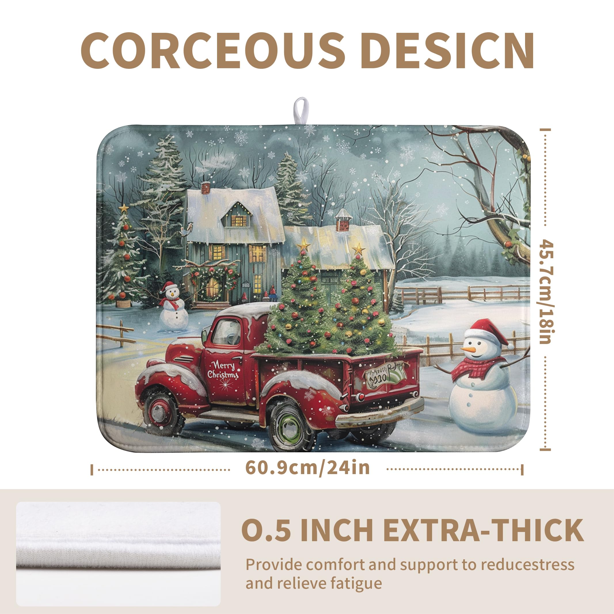 Christmas Red Truck Xmas Tree Snowman Dish Drying Mat for Kitchen Counter 18x24 Inch Winter Snowflake Vintage Absorbent Dish Pad