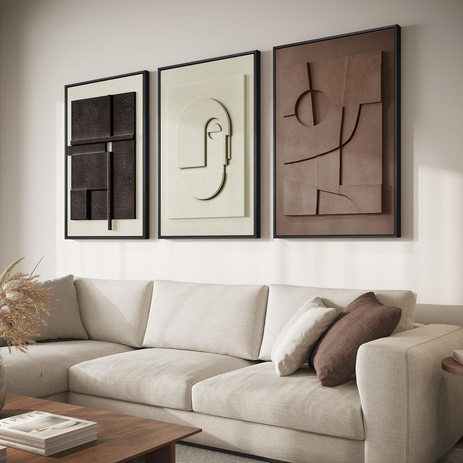 Large 3D Textured Framed Black And White Abstract Wall Art For Living Room, 3 Piece Modern Paintings Artwork For Walls, Black Wh