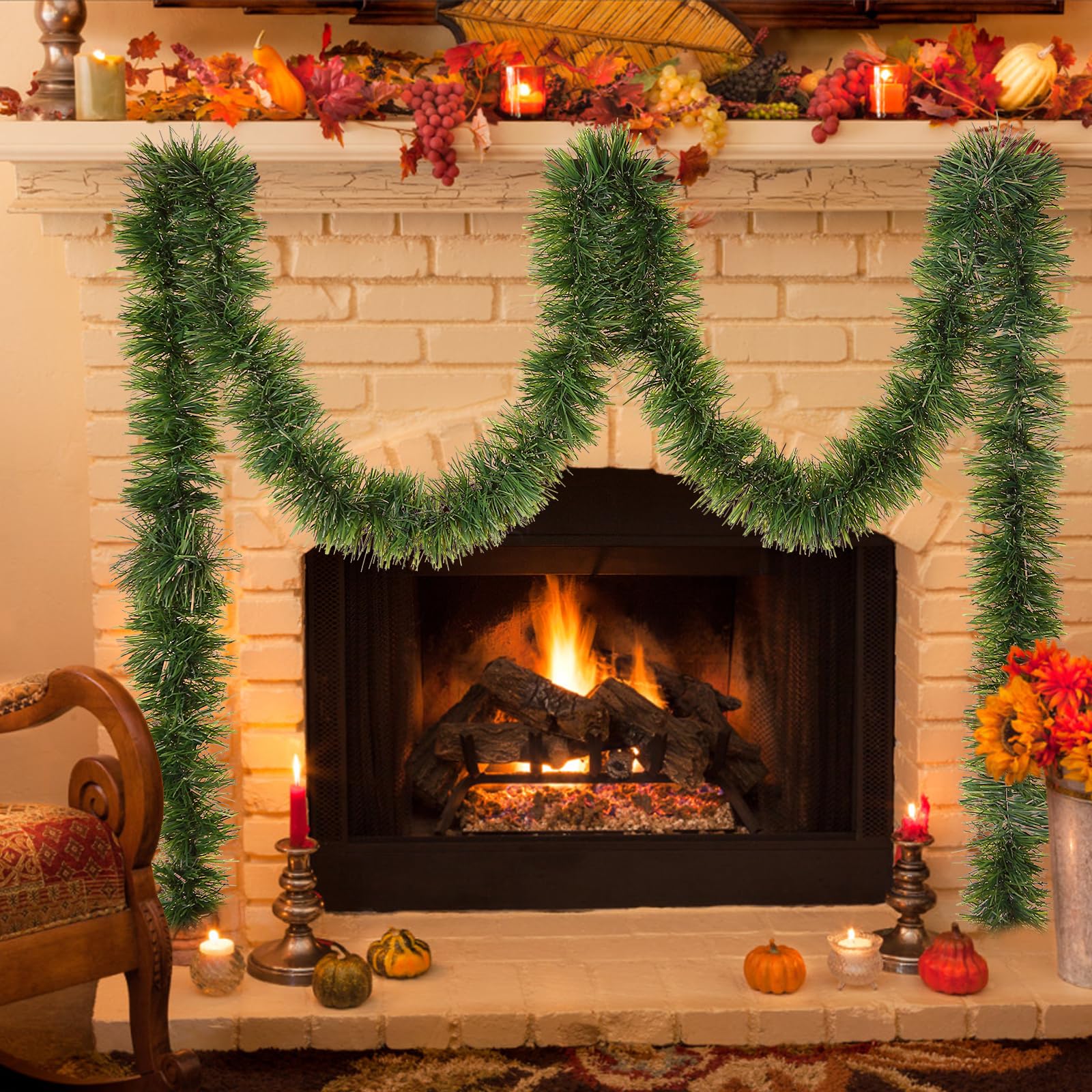 Green Garland Christmas Decorations,50Ft Xams Greenery Tinsel Stems Non-Lit Soft Twist Garland Decor for Tree Stairs Railing Fro