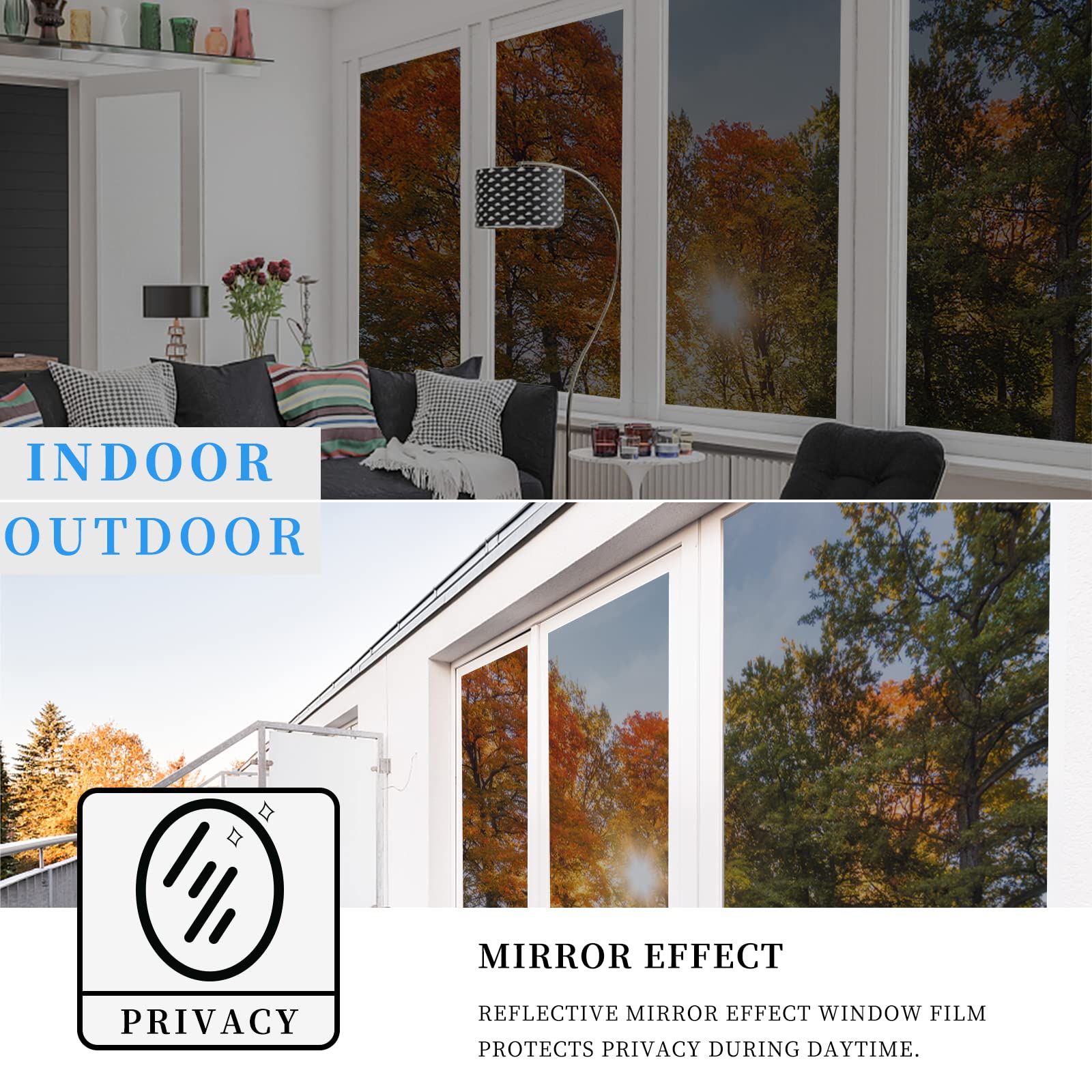 concus-T Window Tint One Way Window Film Static cling Sun Blocking Window Tinting Film for Home Heat control Window Film Mirror Tint Reflective Anti UV Film  Black Silver  3543 Inch X 65 Feet