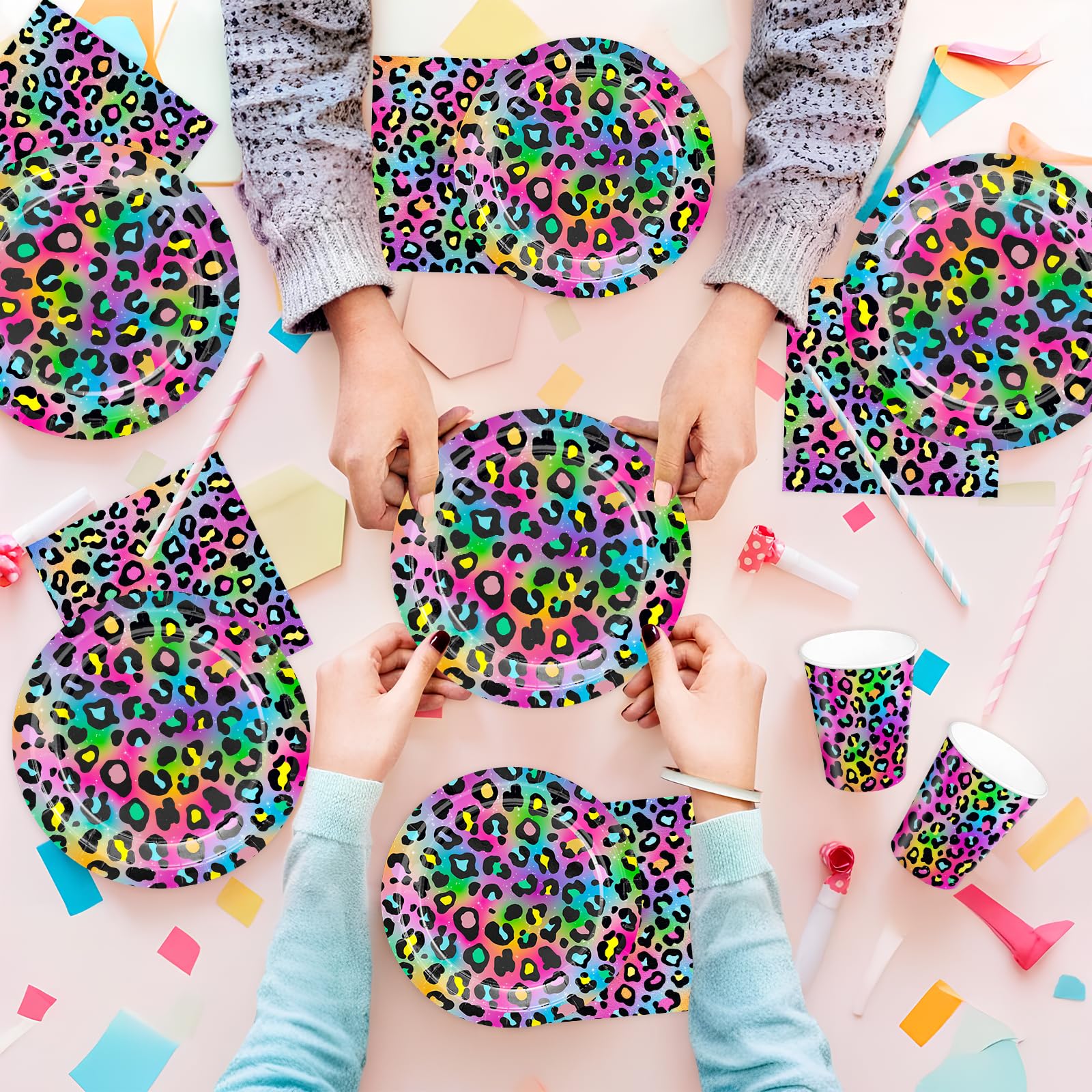 Xienbloc 120Pcs Neon Rainbow Leopard Birthday Party Supplies Paper Plates Napkins Cheetah Girl'S Sparkly Splatter Paper Tablewar