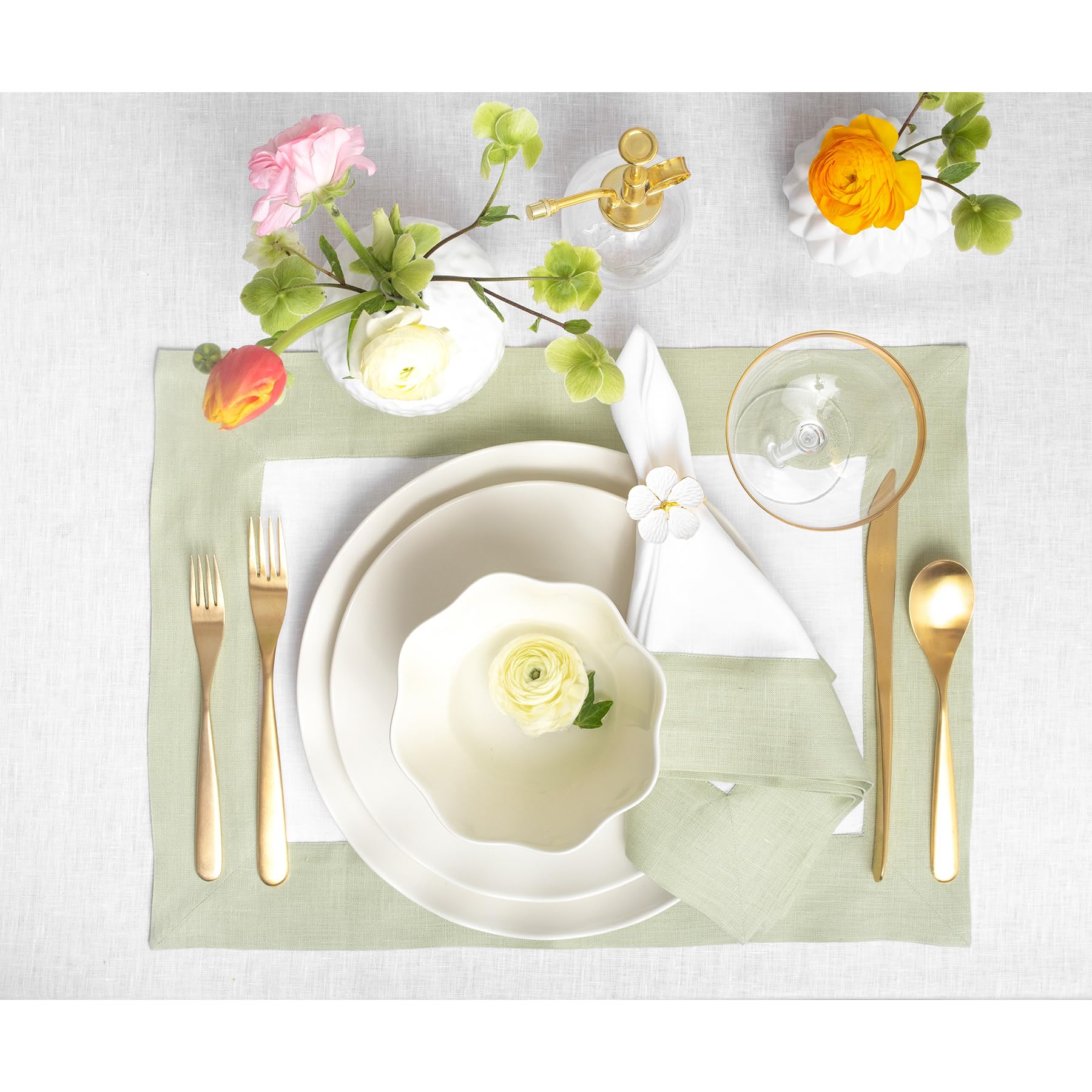 Solino Home Linen Placemats Set Of 4-100% Pure Linen Cloth Fabric Placemats Sage Green And White - 19'' L X 14'' W Inch Washable