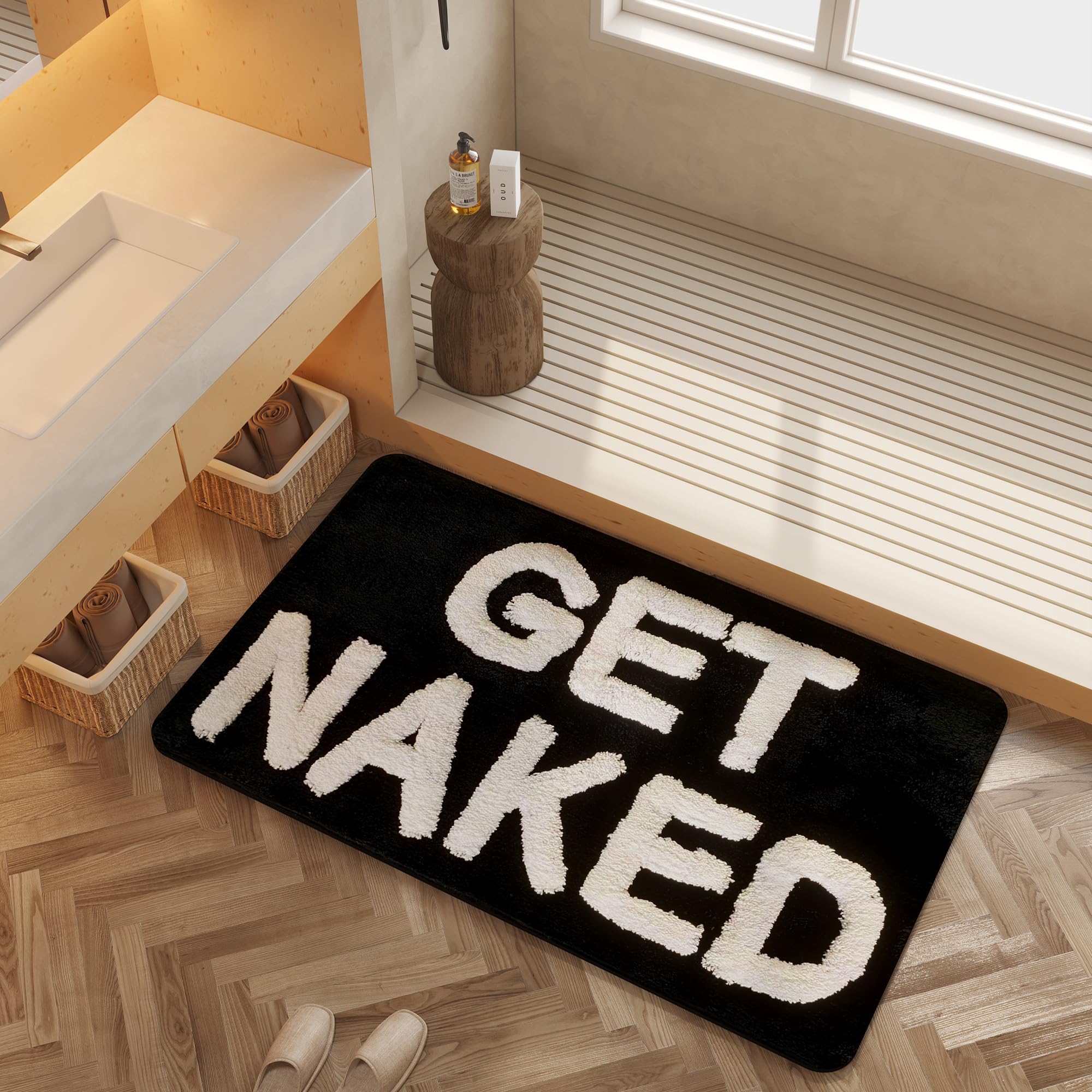 Yuang Get Naked Bath Mat- Funny Bathroom Rugs-Non Slip Black Bath Mats -Soft Thick Microfiber Absorbent Bath Rug For Bathroom -M