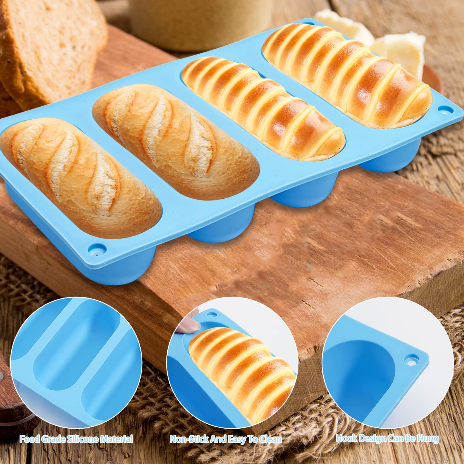 Canipha 2 Pack Hot Dog Bun Pan, Silicone Hot Dog Bun Molds Sausage Mold Nonstick & Heat Proof Baking Pan Bread Mold For Homemade