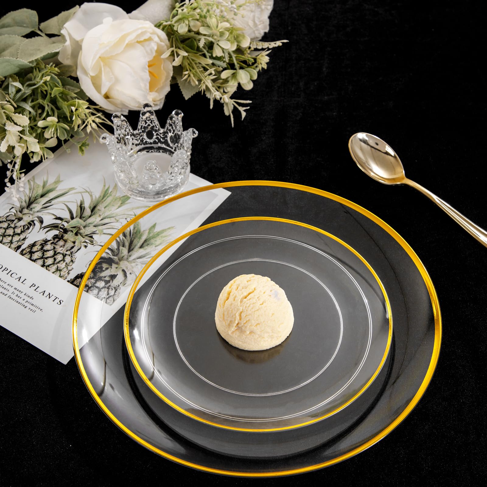 LIYH 60pcs Clear Plastic Plates and Gold Trim Disposable Plastic Plates Heavty Duty Includes:30 Dinner Plates 10.25'' and 30 Dessert Plates 7.5'' Clear and Gold Plastic Plates Plastic Holiday Plates